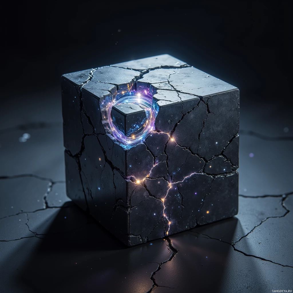 A cracked, glowing cube with a cosmic, starry interior.