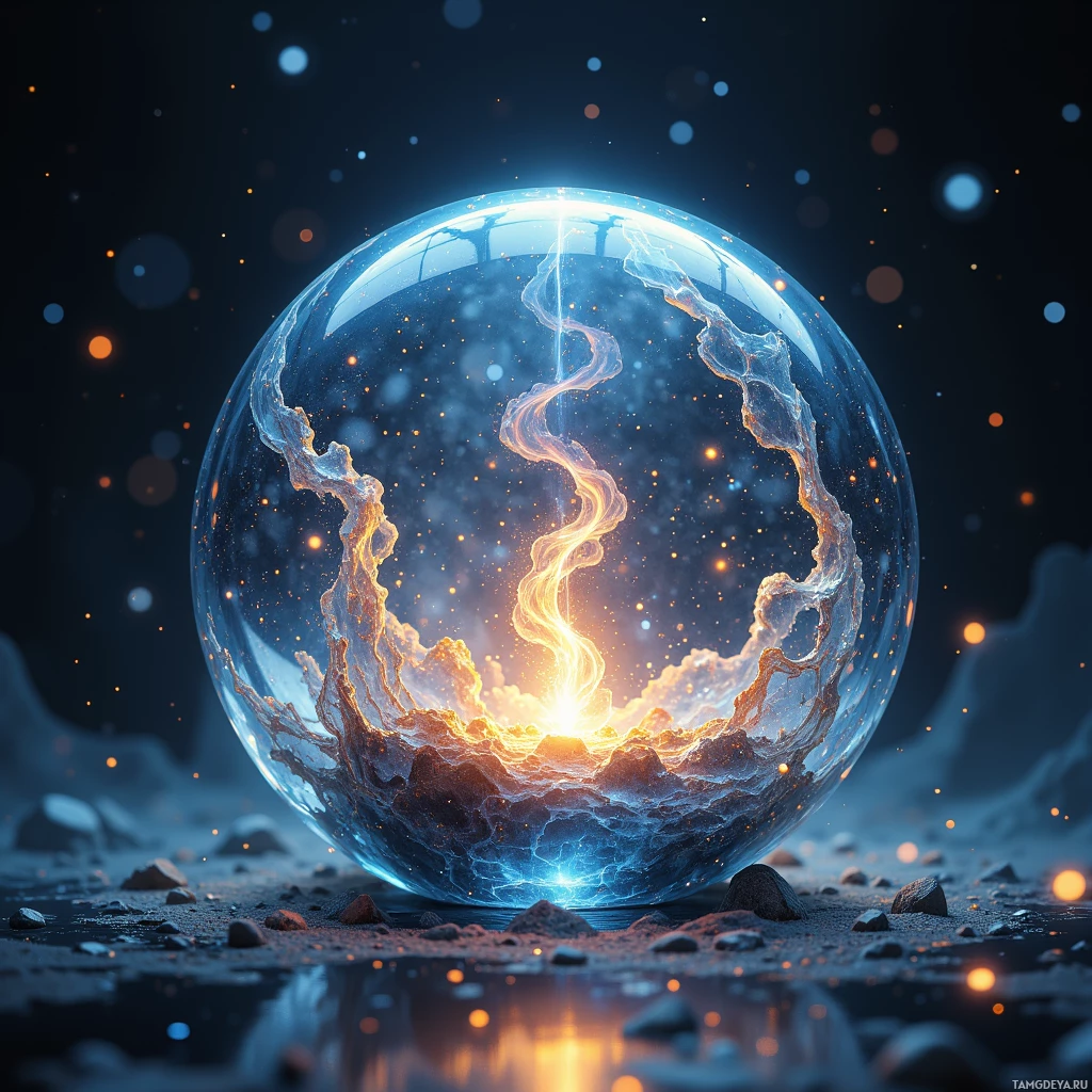 A glowing, ethereal sphere with a swirling light and particles, resting on a rocky surface against a starry background.