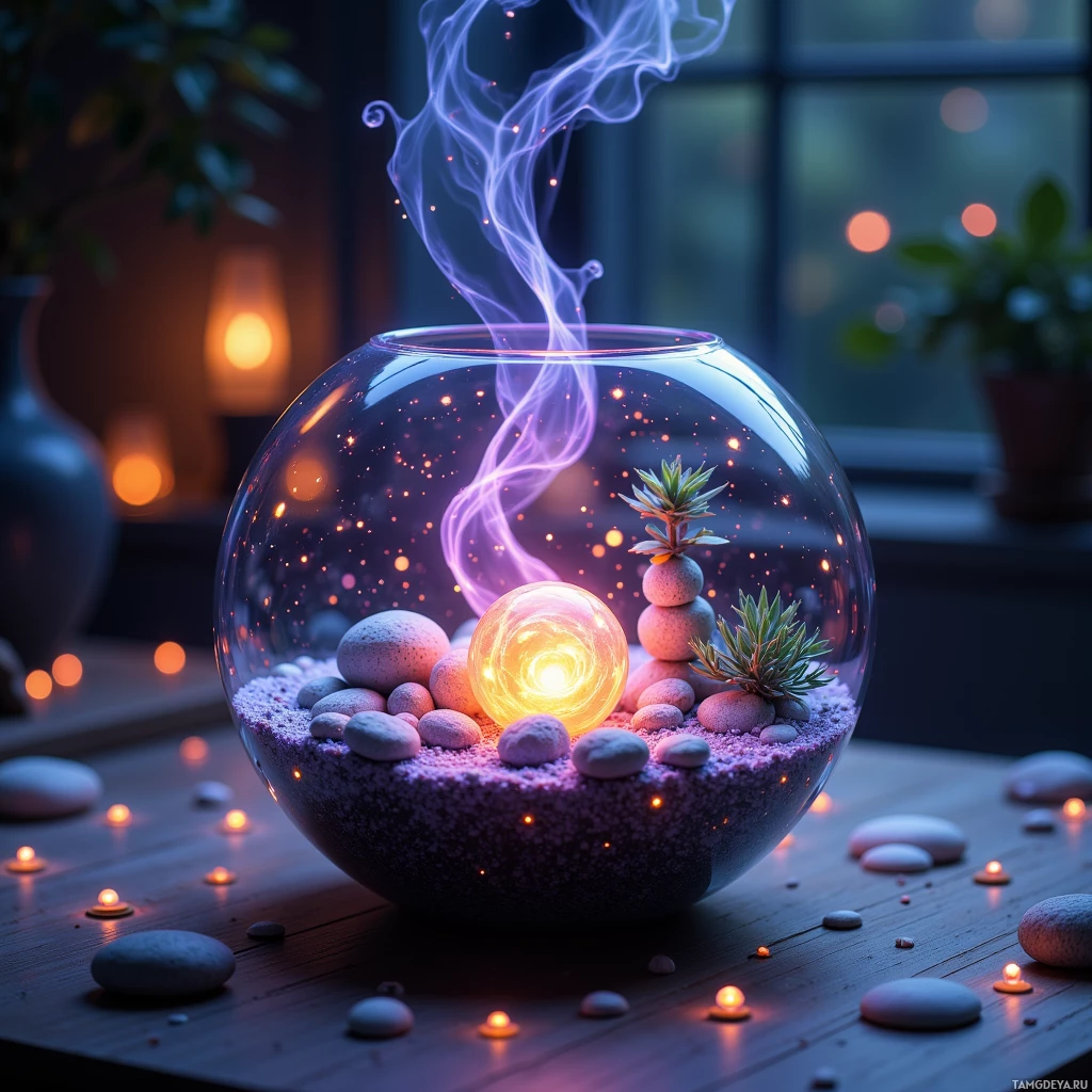 A glass bowl contains glowing stones, a small plant, and a swirling light, creating a serene and mystical ambiance.