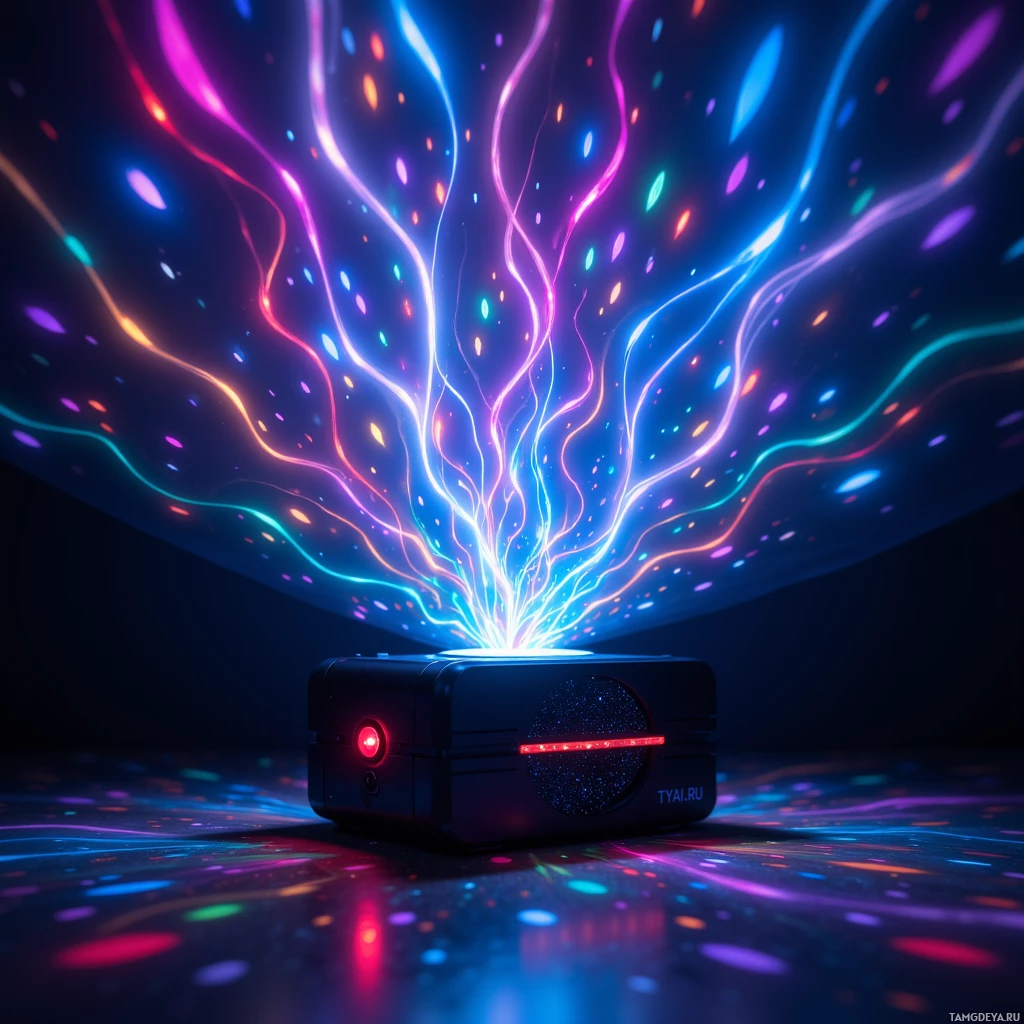 A glowing device projects colorful, wavy light patterns onto a dark surface.