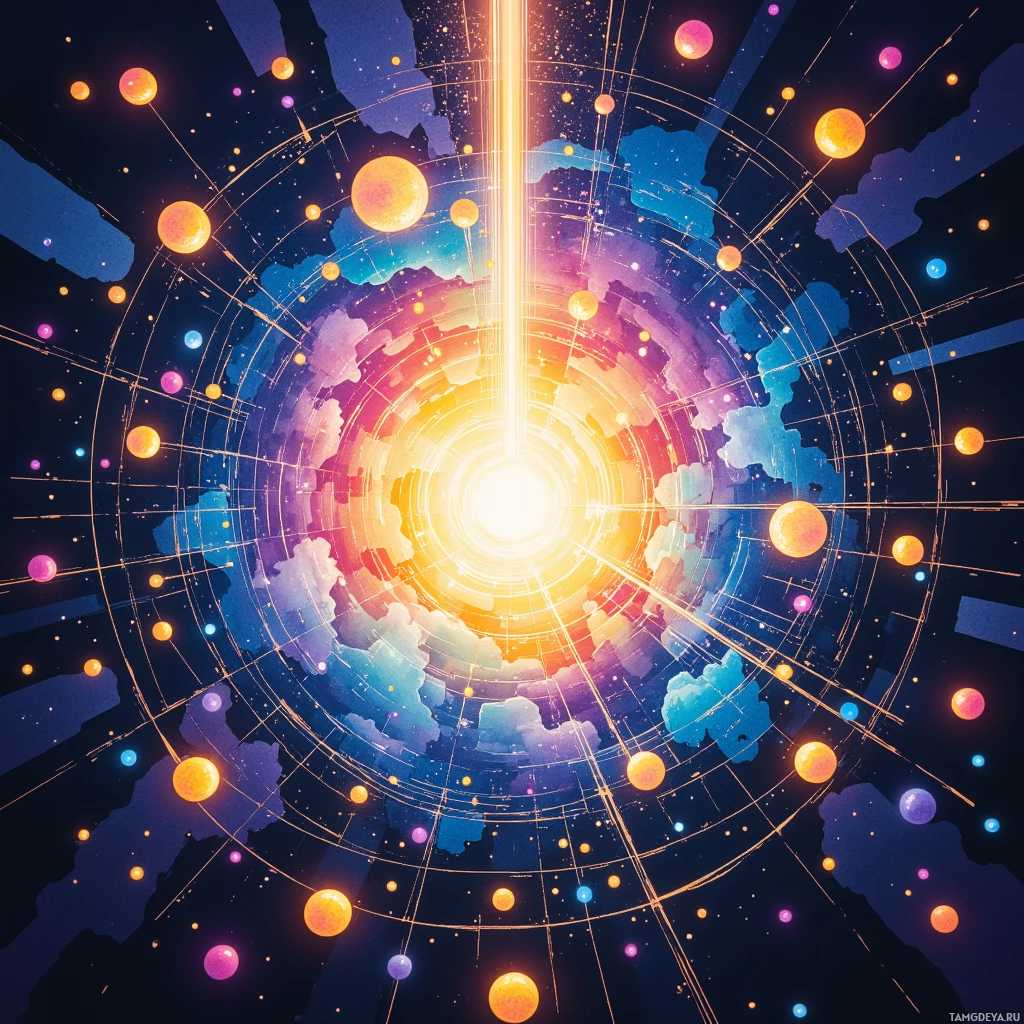 A vibrant cosmic scene featuring a radiant central light surrounded by colorful spheres and intricate geometric lines.