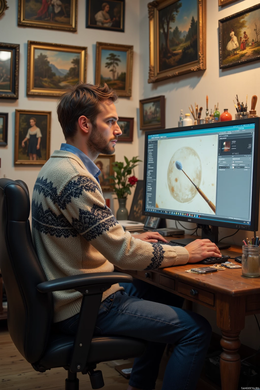 A man sits at a desk in a room adorned with framed paintings, working on a computer displaying an image editing program.