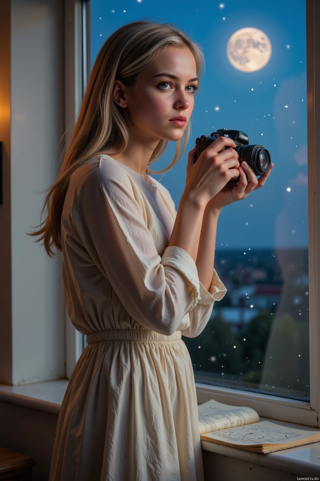 A woman in a light dress stands by a window, holding a camera, with a night sky and moon visible outside.