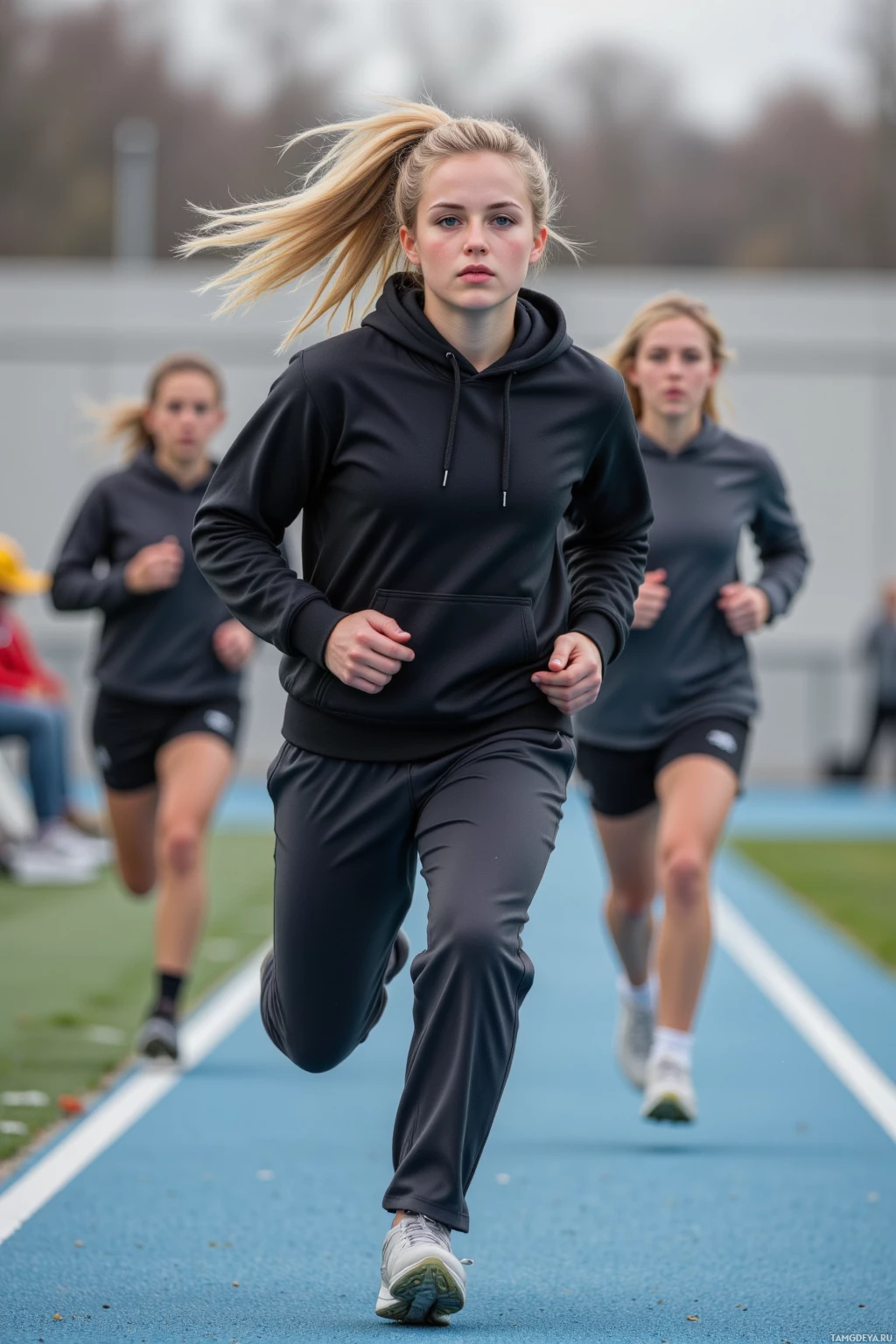 Athletes running on a track in a race.