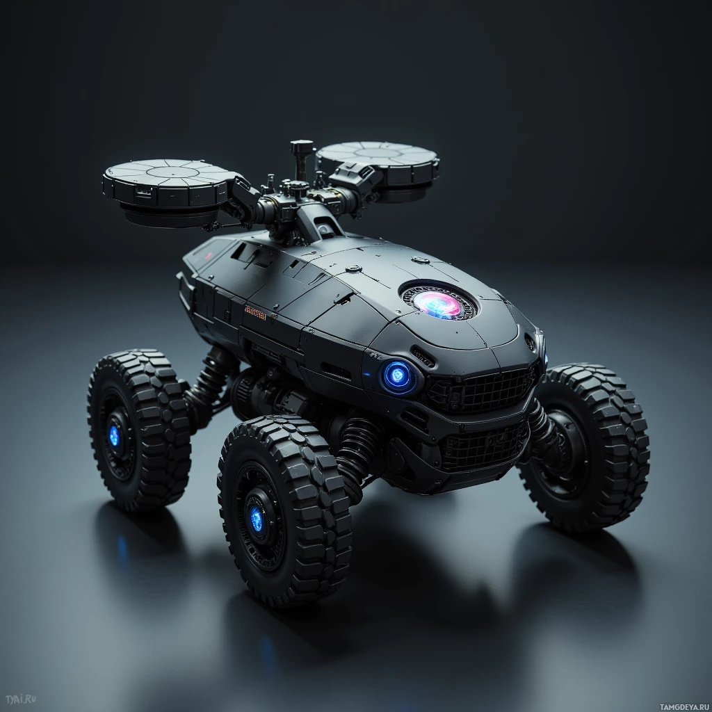 A futuristic, armored vehicle with glowing blue lights and large tires is shown against a dark background.