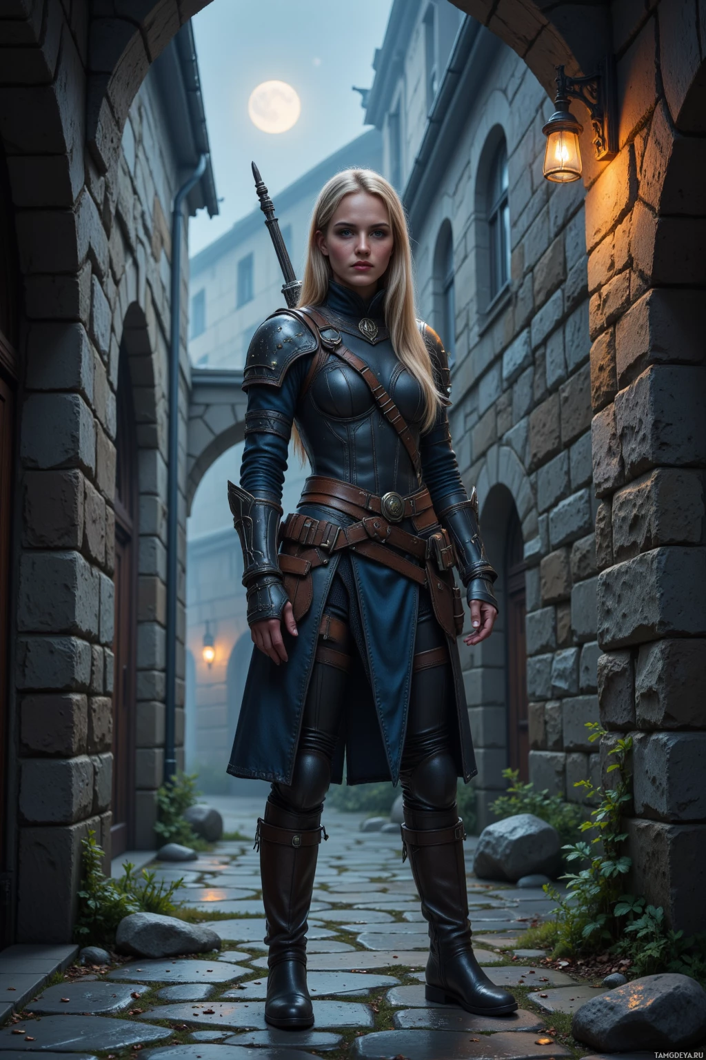 Realistic high quality photo. Female hunter, long blonde ponytail, piercing blue eyes, pale skin, dark leather armor, crossbow slung over back, rugged boots, standing in a narrow stone alley at twilight, moonlight flickering on wet cobblestones, her calm, focused gaze tracing the shadows that cling to the walls, with faint glowing runes on the stone, in a fantasy city.