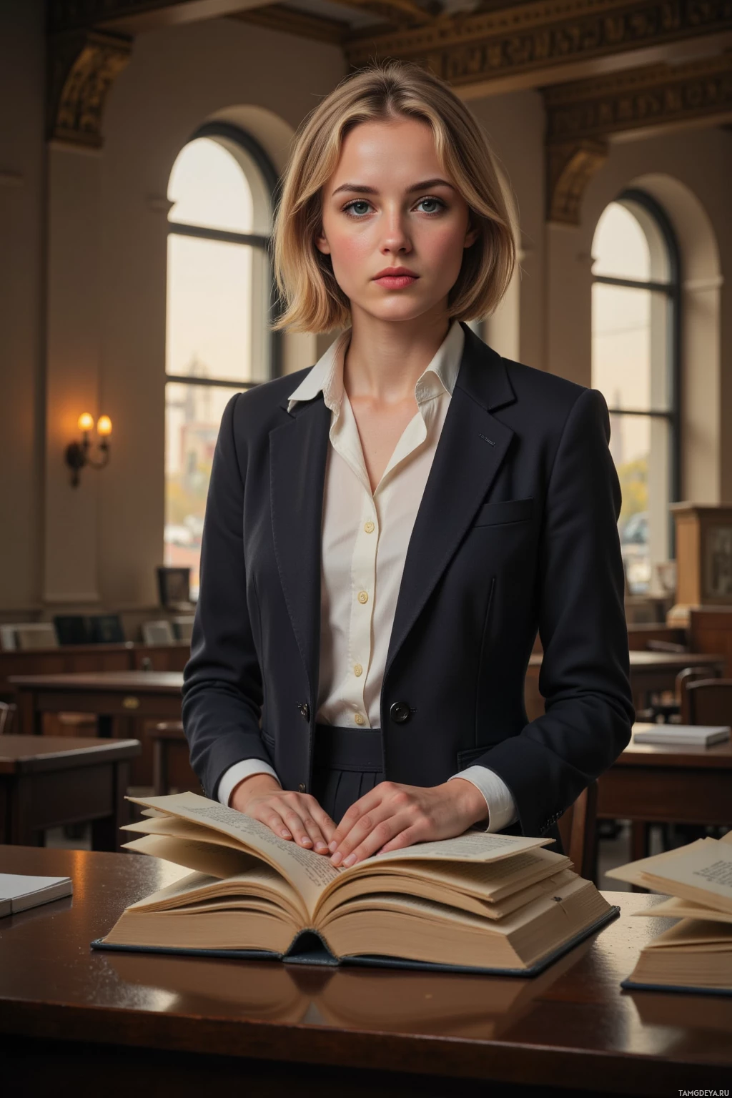 Realistic high quality photo. Female librarian, 28, short blonde hair, blue eyes, pale skin, wearing a vintage fitted blazer, crisp white blouse, flowing skirt, scholarly elegance, sorting late‑night first editions in a quiet library reading room with high windows, soft golden glow, faint hum of air‑conditioning, thoughtful posture.