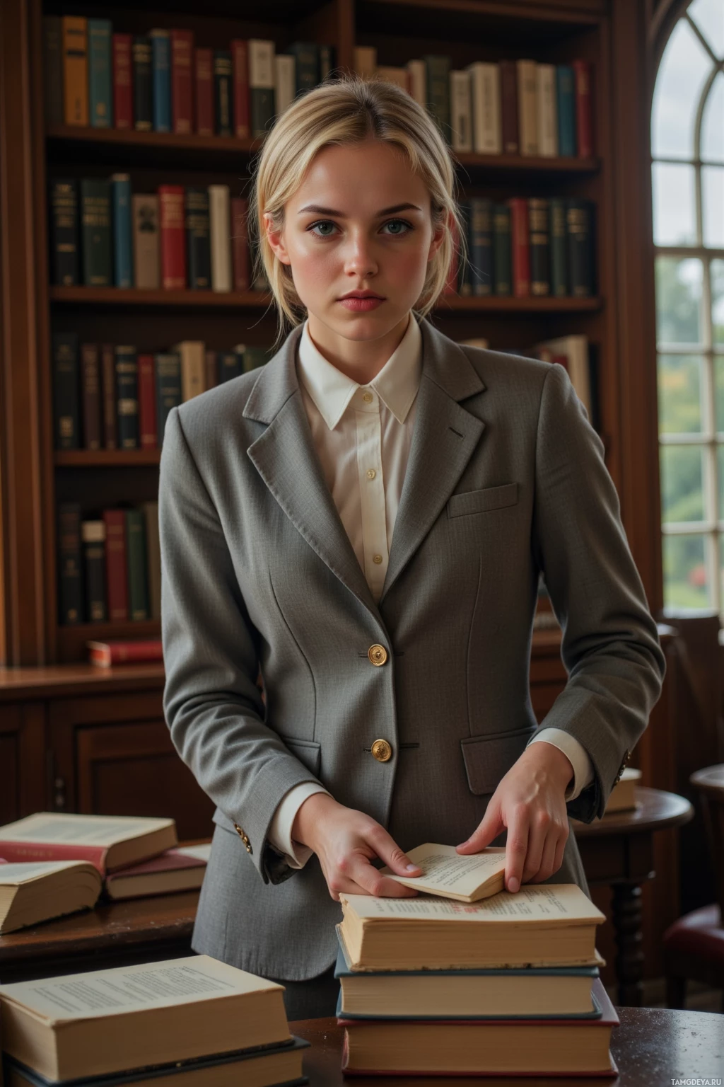 Realistic high quality photo. Female librarian, 28, short blonde hair, blue eyes, pale skin, wearing a vintage fitted blazer, crisp white blouse, flowing skirt, scholarly elegance, sorting late‑night first editions in a quiet library reading room with high windows, soft golden glow, faint hum of air‑conditioning, thoughtful posture.