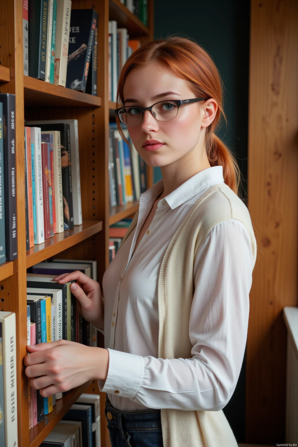 A young woman with red hair wearing glasses and a white shirt stands in front of a bookshelf.