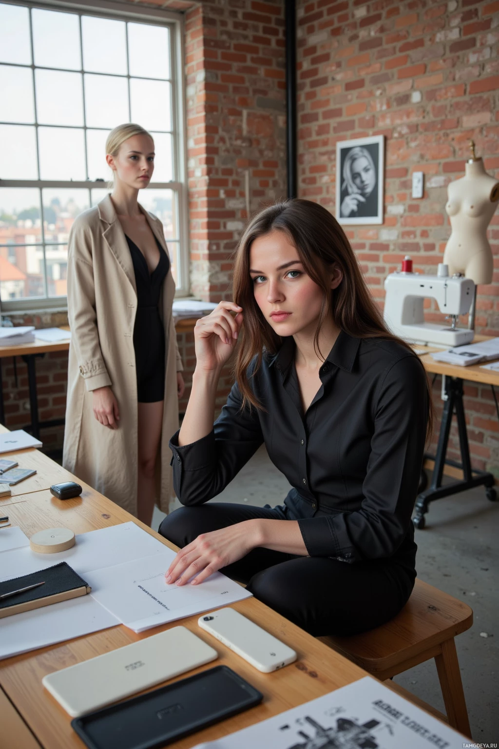 Two women are in a workspace with a brick wall, a large window, and a sewing machine.