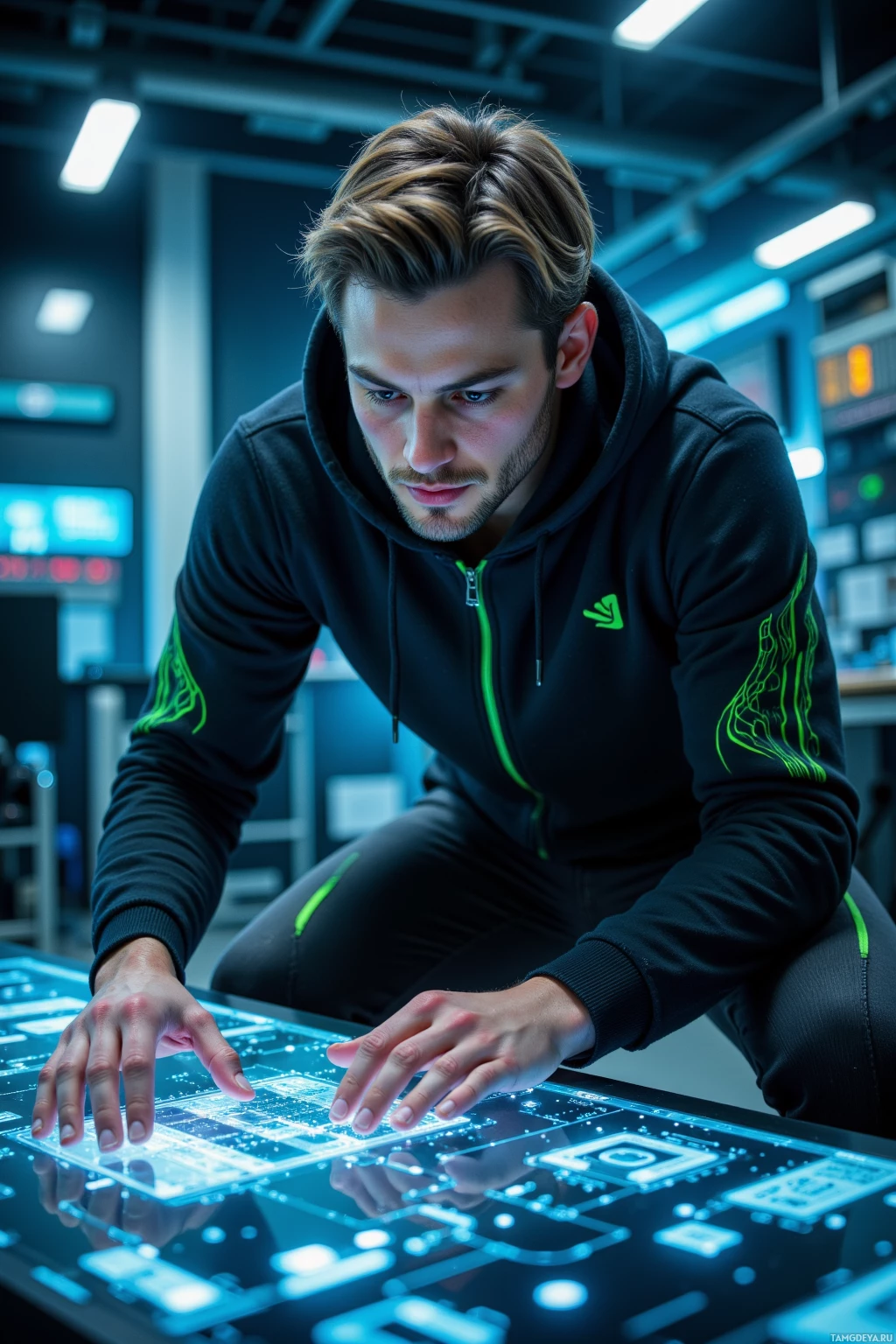 A person in a black hoodie with neon green accents is interacting with a futuristic, illuminated control panel.