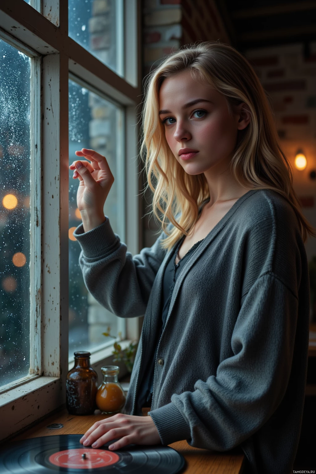 A person with long blonde hair stands by a window, holding a record, with a bottle on the windowsill.