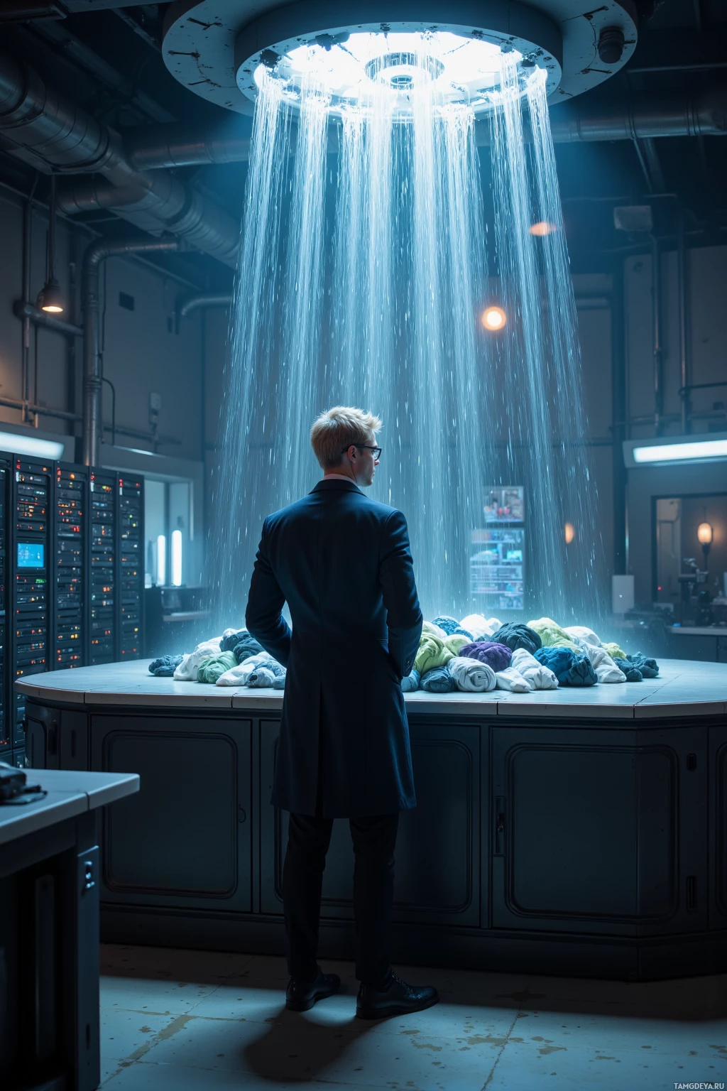 A man in a suit stands in a dimly lit room, facing a large shower head that streams water over a pile of clothes.