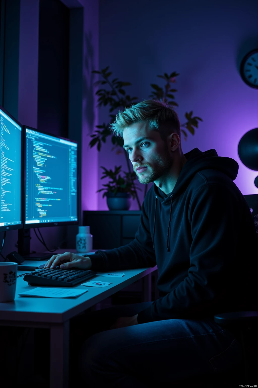 A person sits at a desk in a dimly lit room, working on a computer with code displayed on the screen.