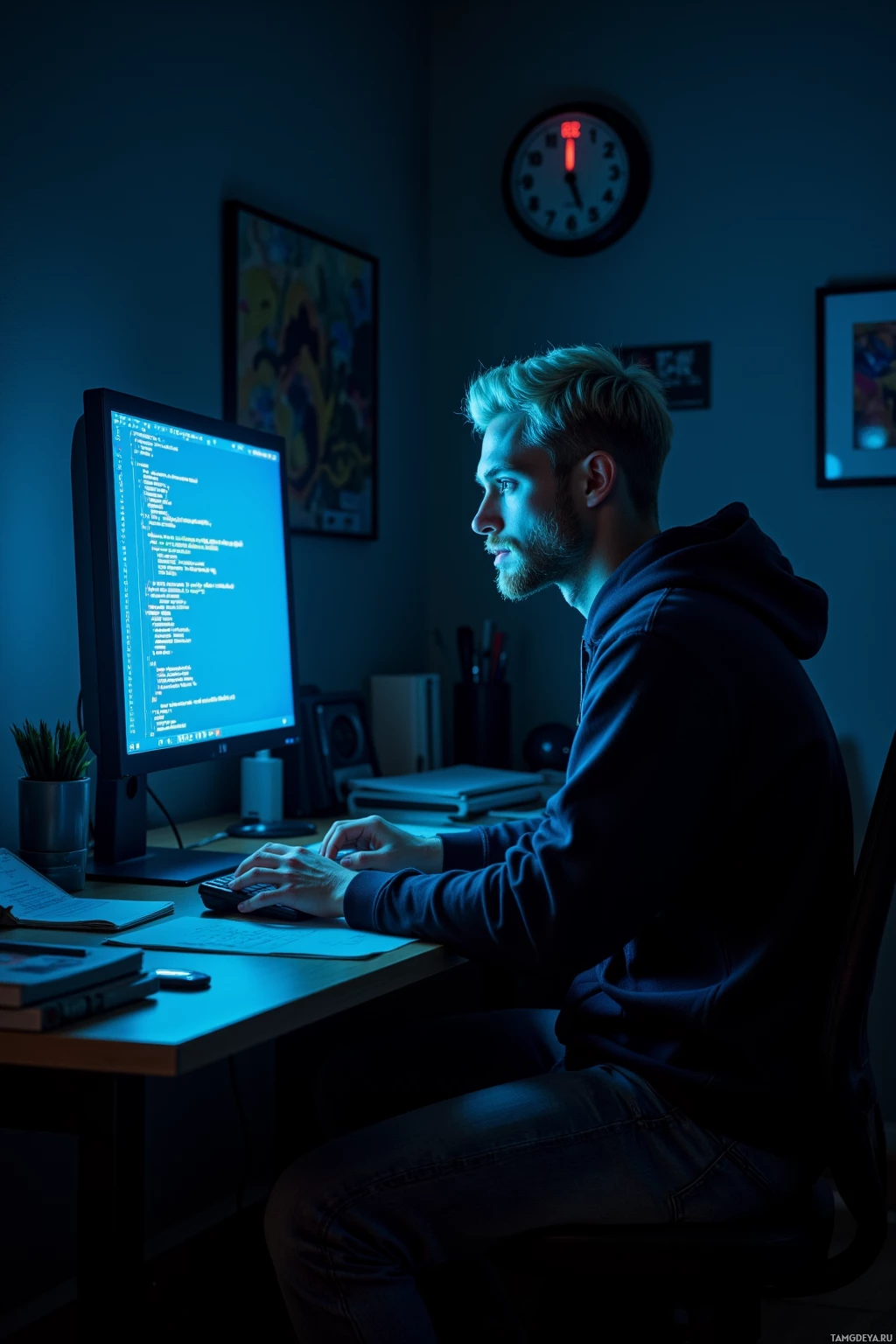 A person is sitting at a desk in a dimly lit room, working on a computer.
