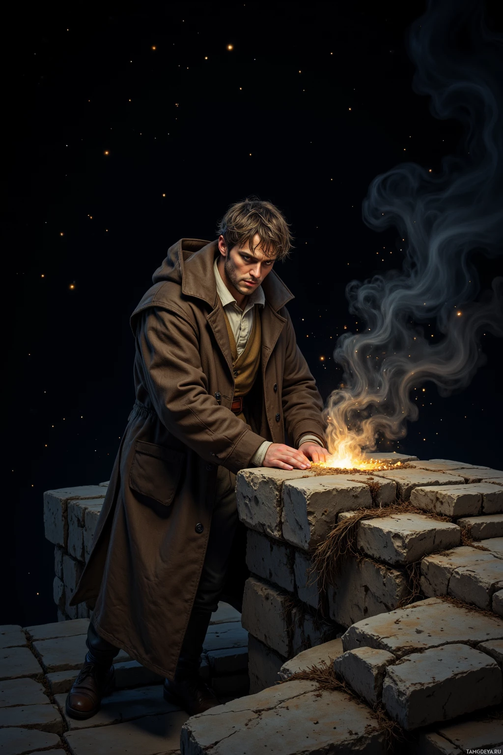 A man in a trench coat stands beside a stone wall, with a small fire and smoke in the background.