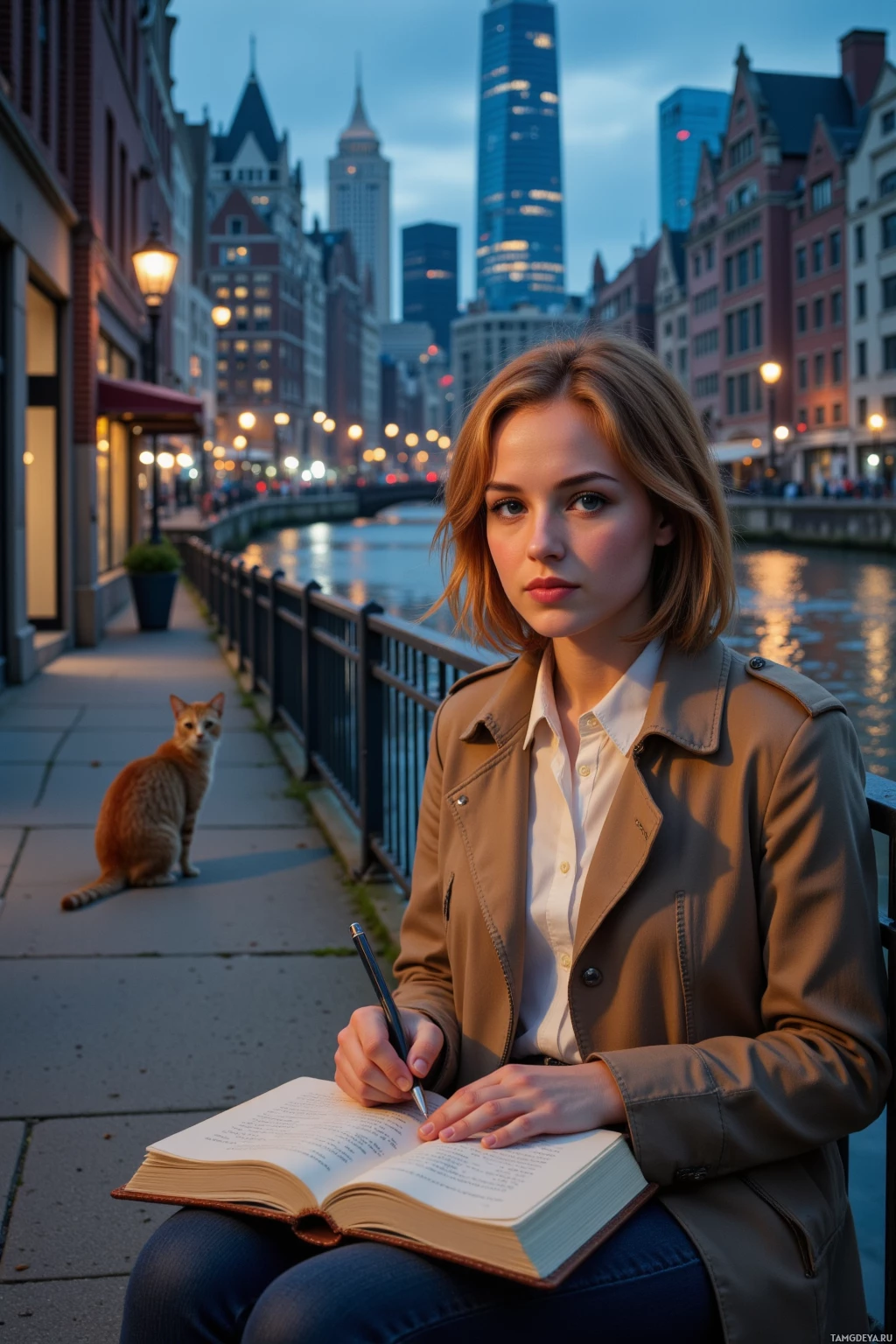 A woman sits by a canal in an urban setting, writing in a notebook with a cat nearby.
