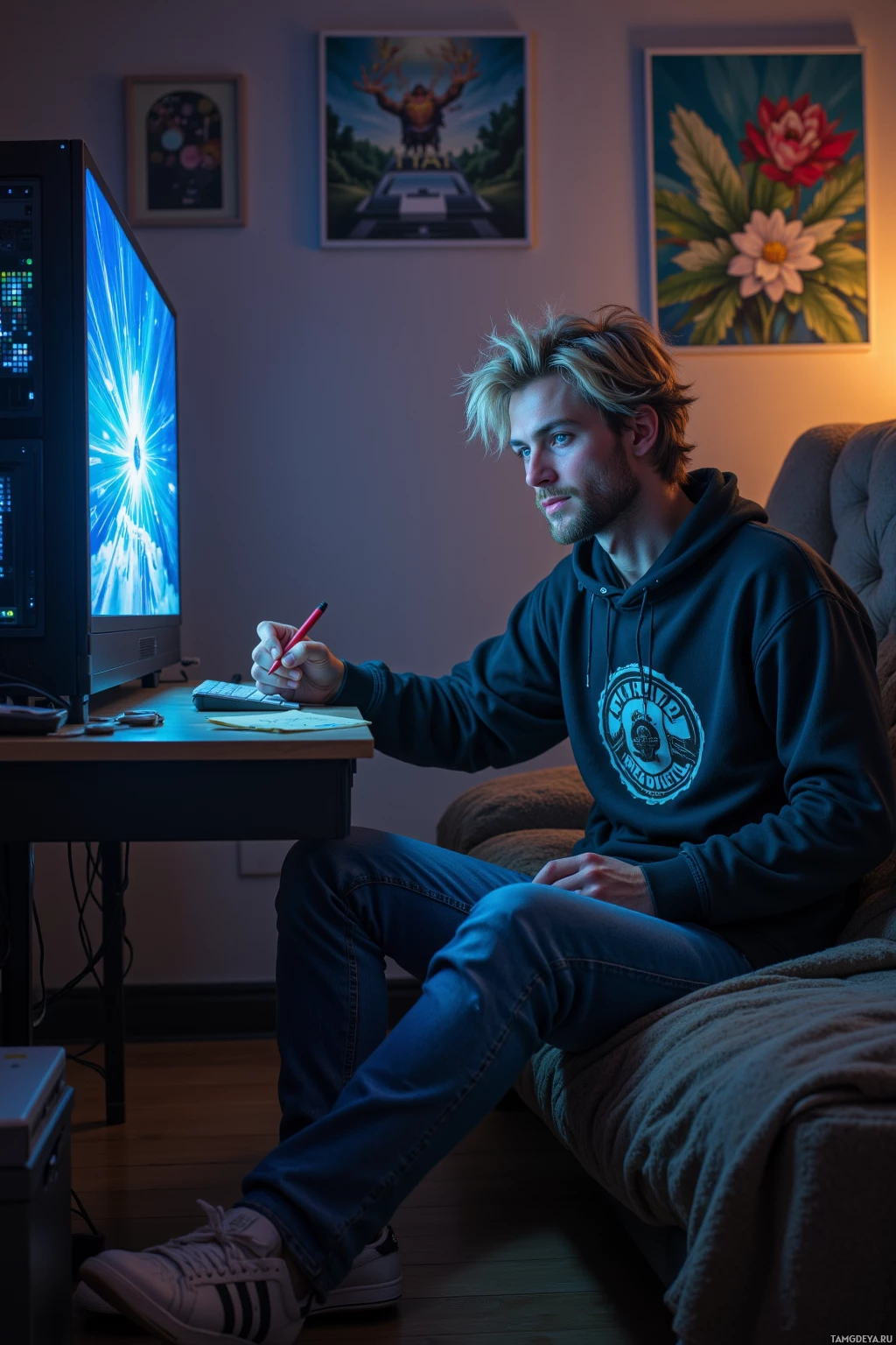 A person sits in a cozy room, working on a computer while holding a pen.