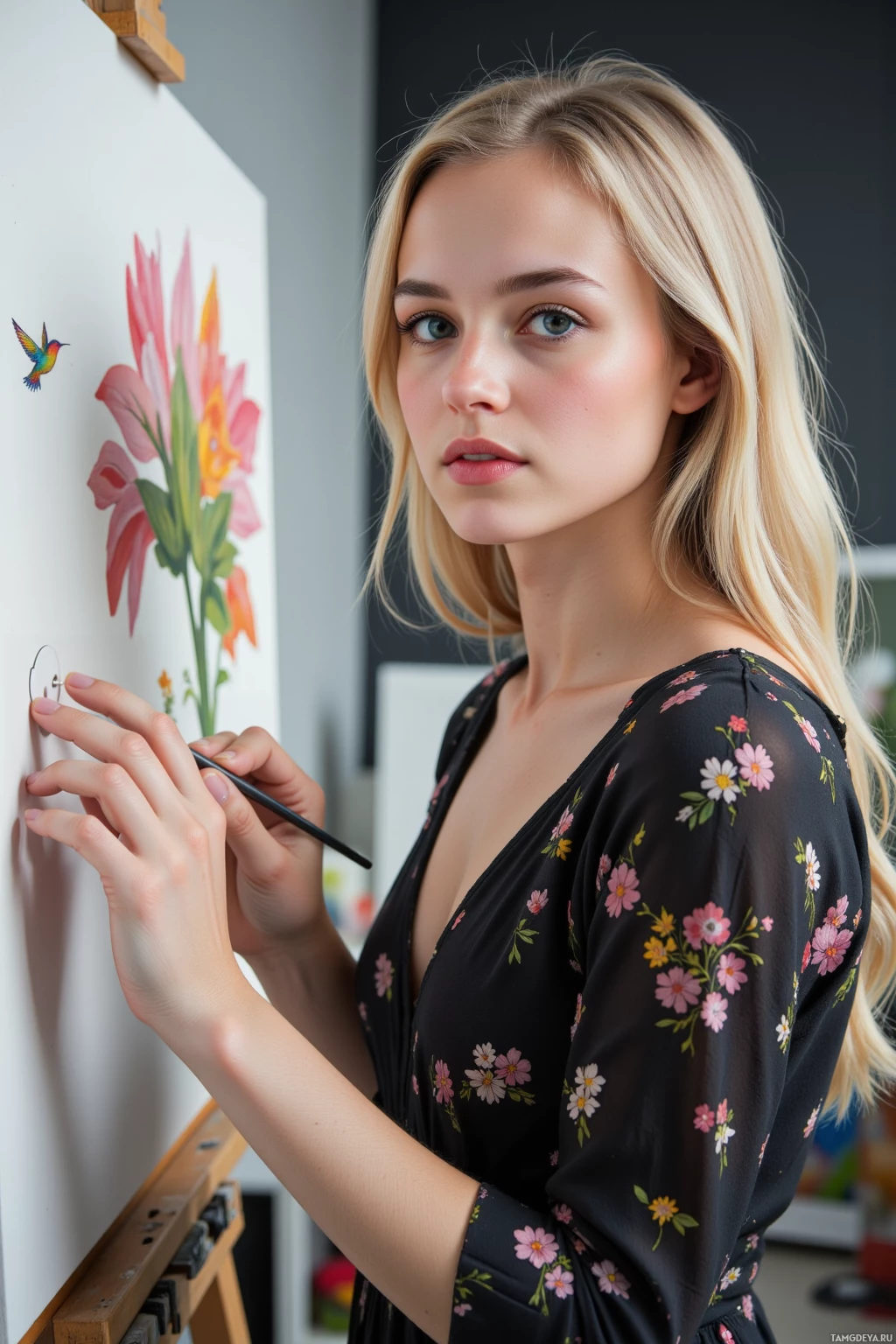 A woman in a floral dress is painting a flower on a canvas.