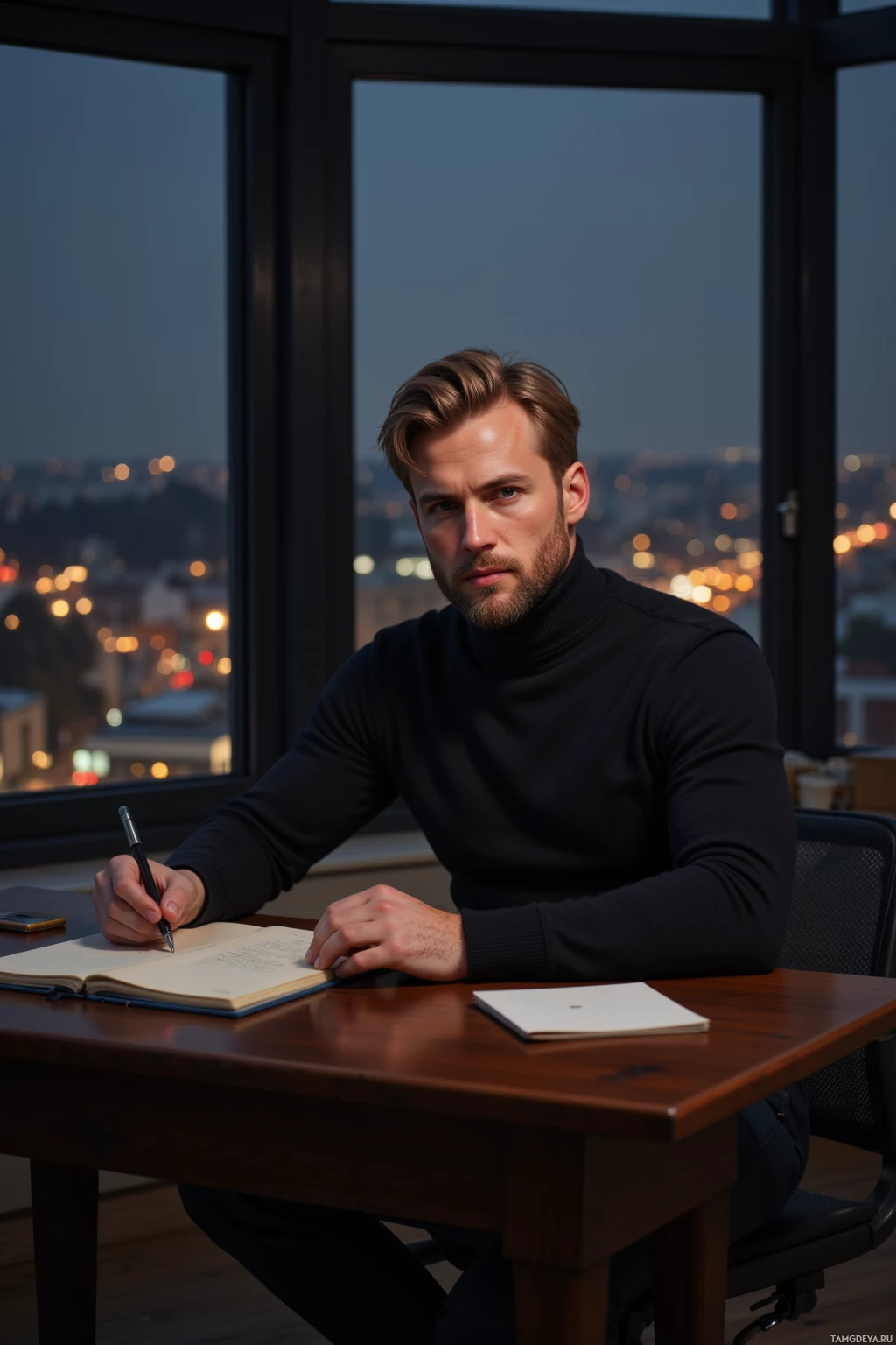 A man sits at a desk in a dimly lit room, holding a pen and looking out a window at a cityscape.
