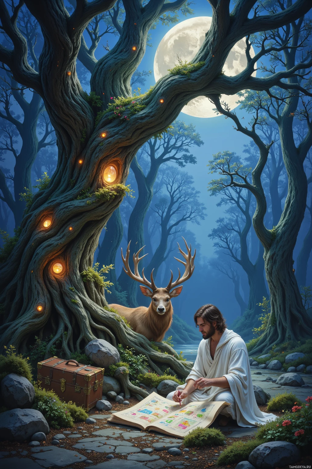 A serene forest scene with a man in white robes reading a book, a deer standing nearby, and a glowing tree trunk.