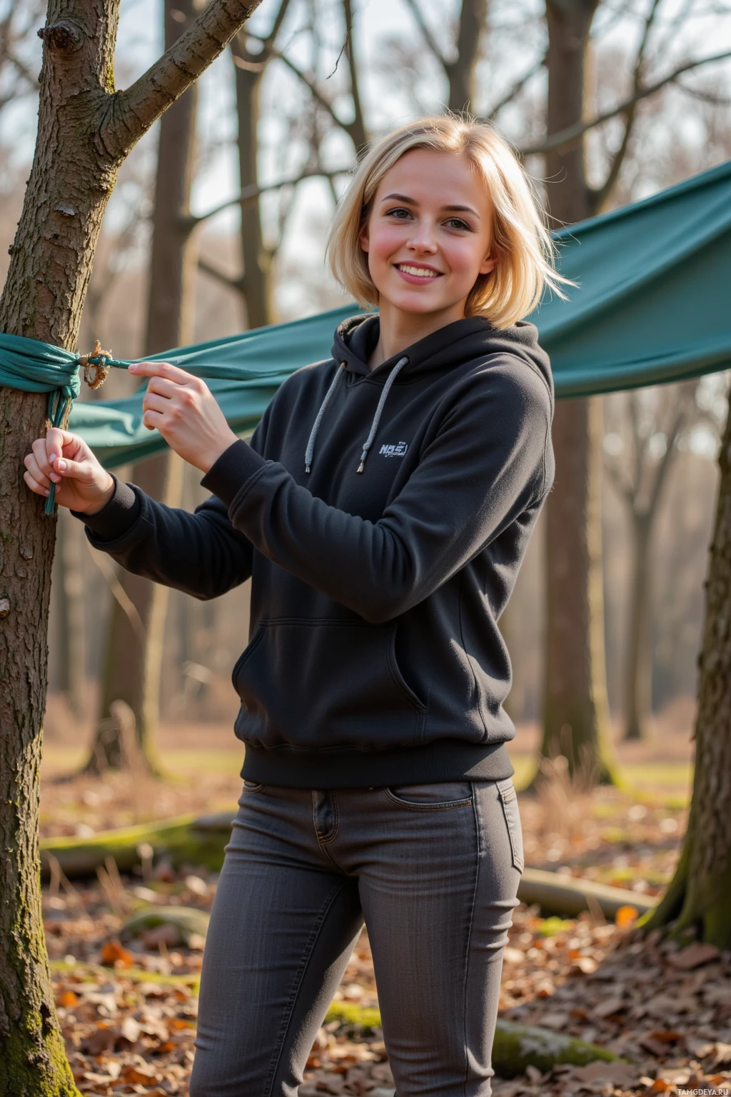 A person in a black hoodie and jeans stands in a forest, holding a rope tied to a tree.