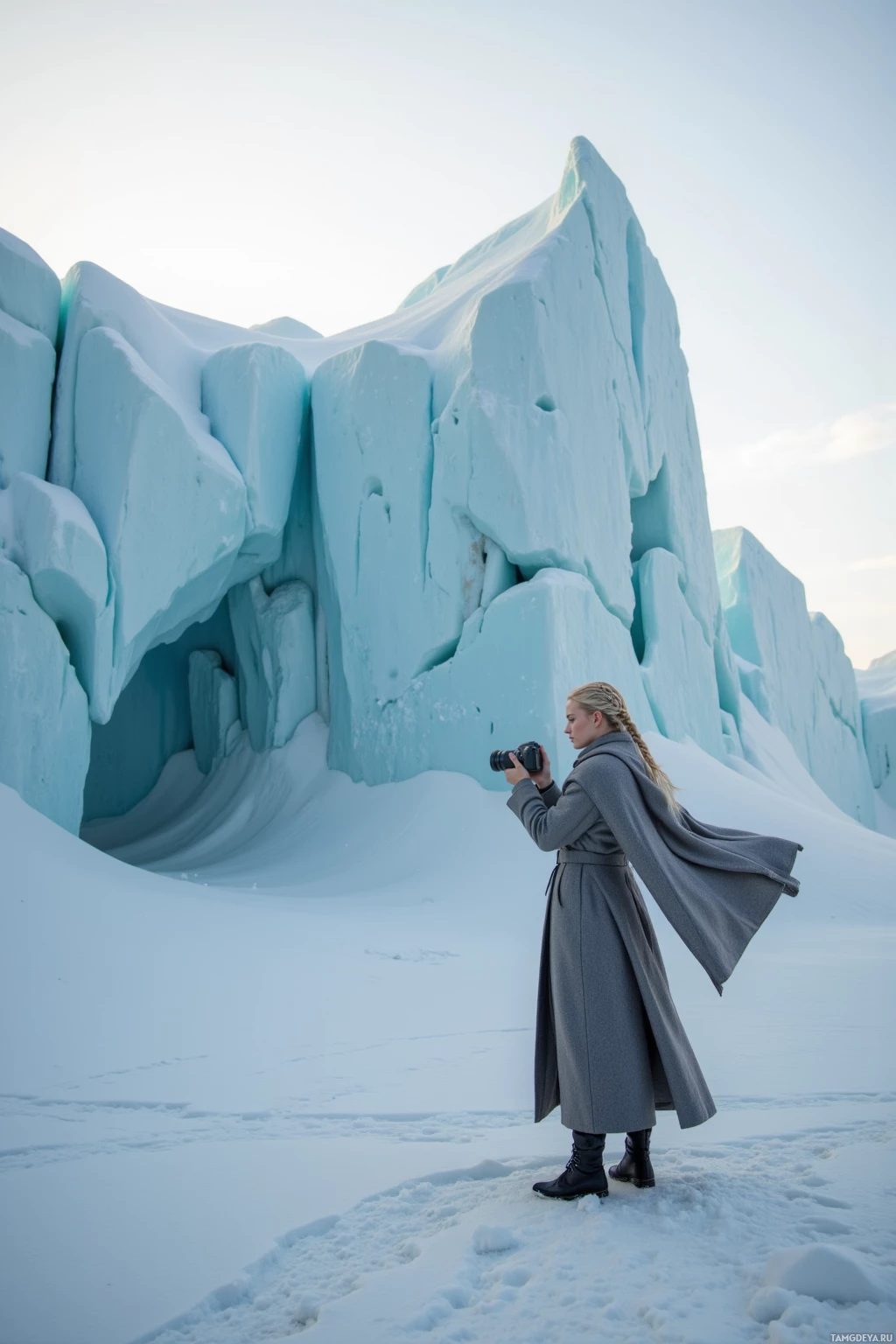 A person stands in front of a large, blue ice formation, holding a camera.