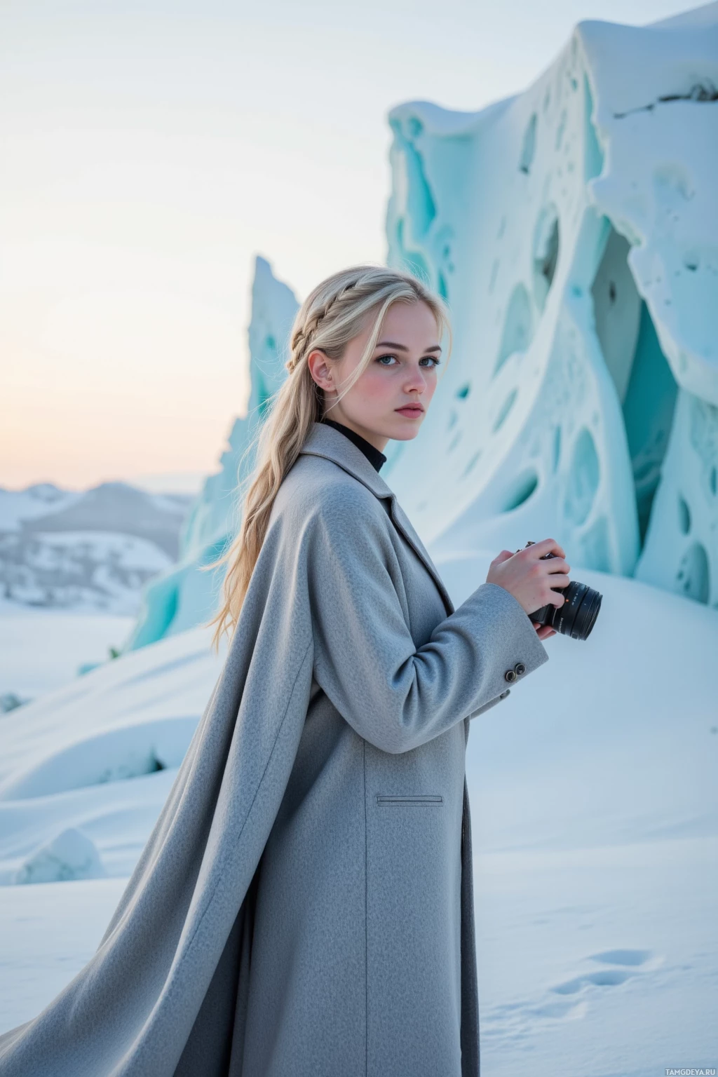 A person in a long coat stands in a snowy landscape, holding a camera.