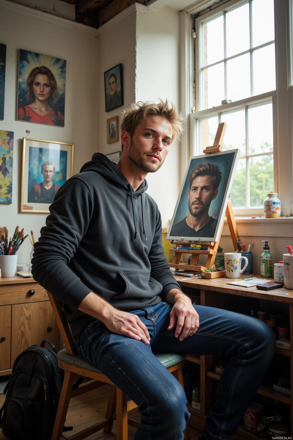 A man sits in a studio, surrounded by artwork and art supplies, with a portrait of himself on an easel.