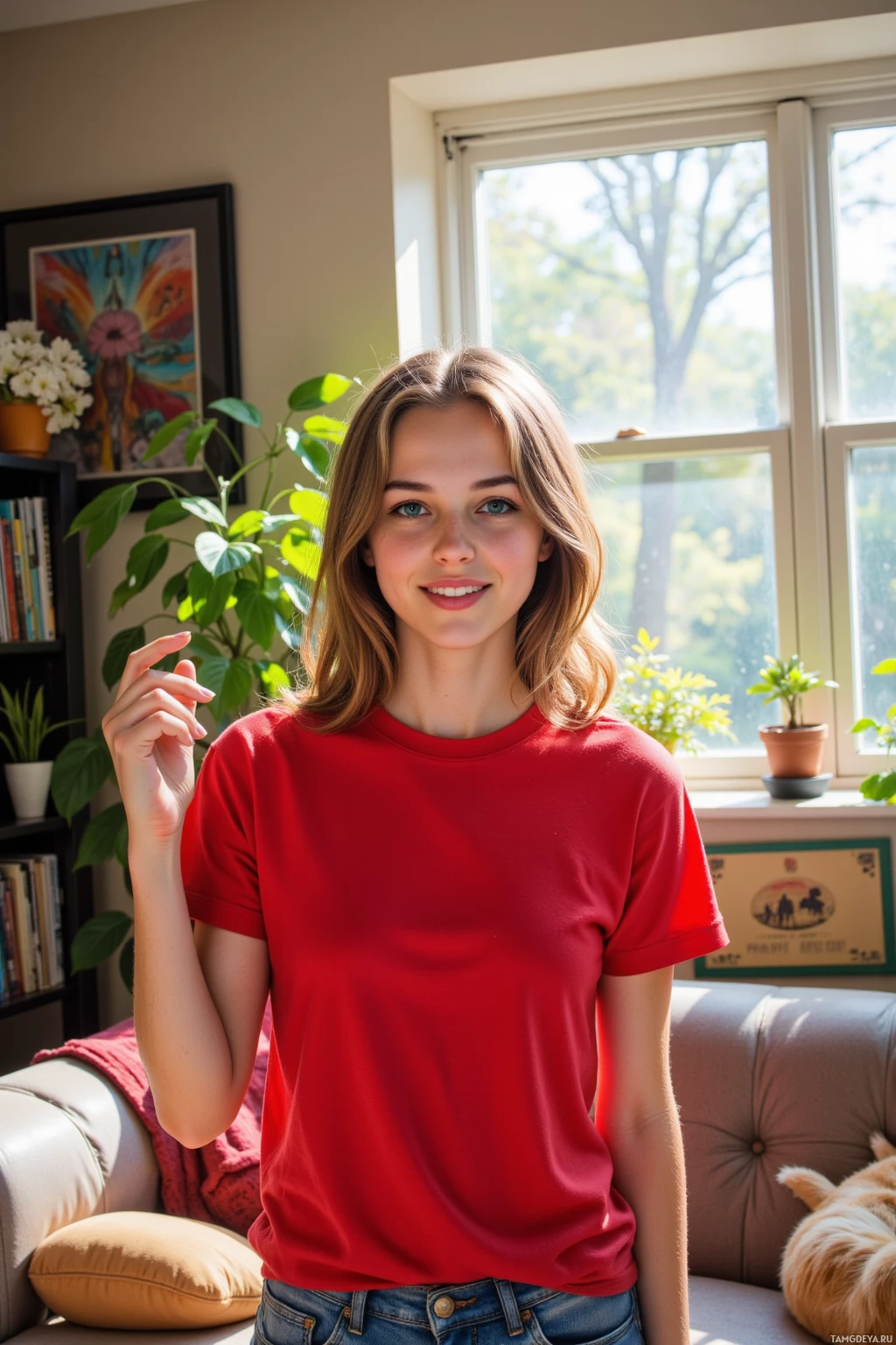 Realistic high quality photo. young woman in a red t‑shirt, chestnut mid‑length hair, bright blue eyes, smiling, dancing in a sunlit living room where a sunbeam casts disco‑like patterns, surrounded by houseplants, a cat perched on the couch judging, vinyl records on a shelf, and a treasure map taped near the sofa, vibrant and optimistic atmosphere.