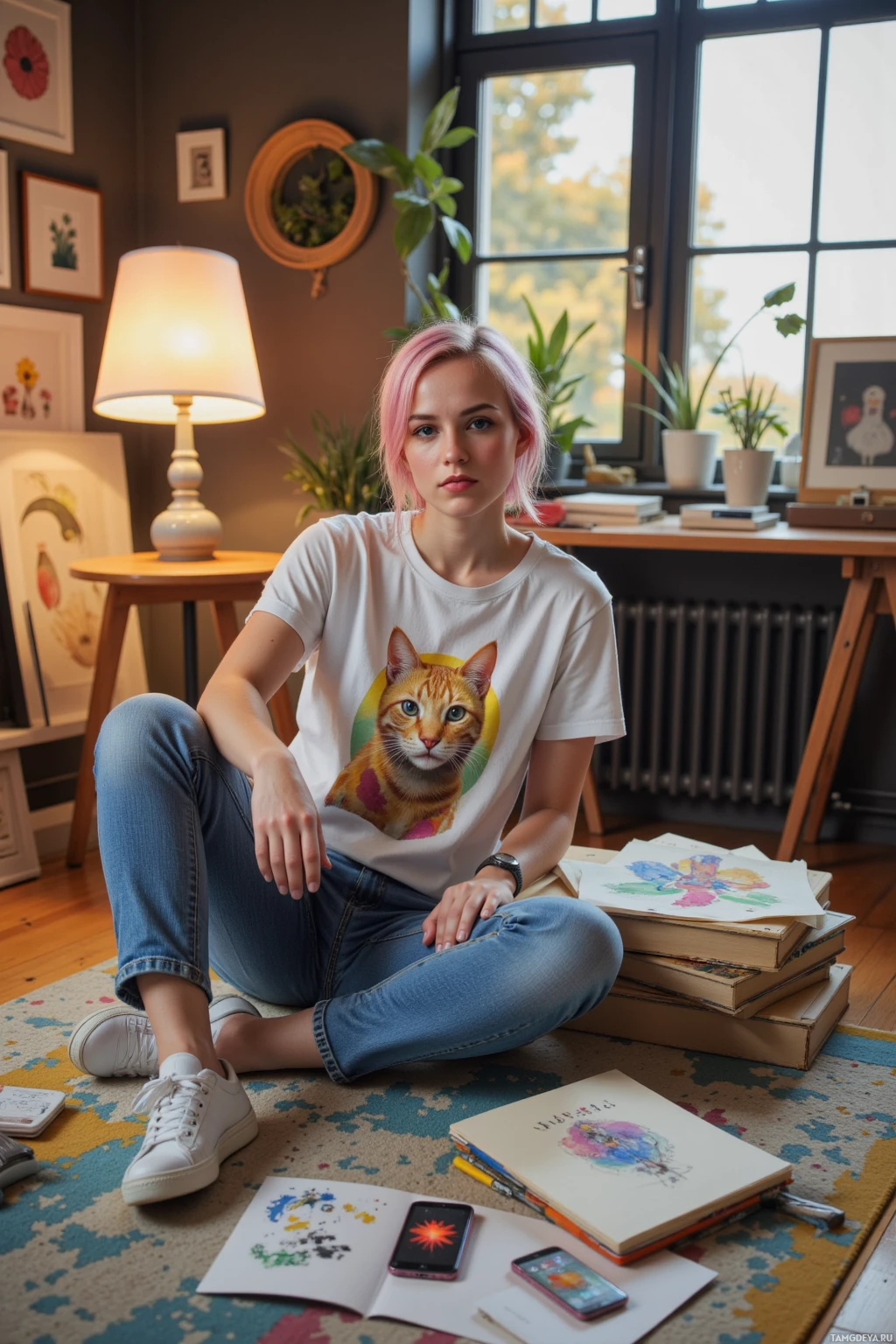A person sits cross-legged on the floor in a cozy room, wearing a t-shirt with a cat design and surrounded by art supplies.