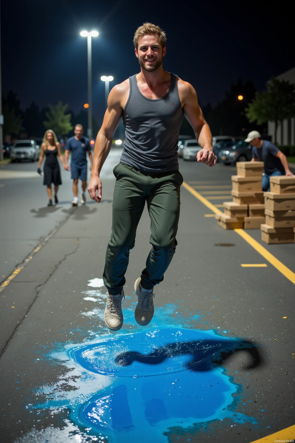 A man in a tank top and pants jumps over a puddle of blue liquid in a parking lot at night.