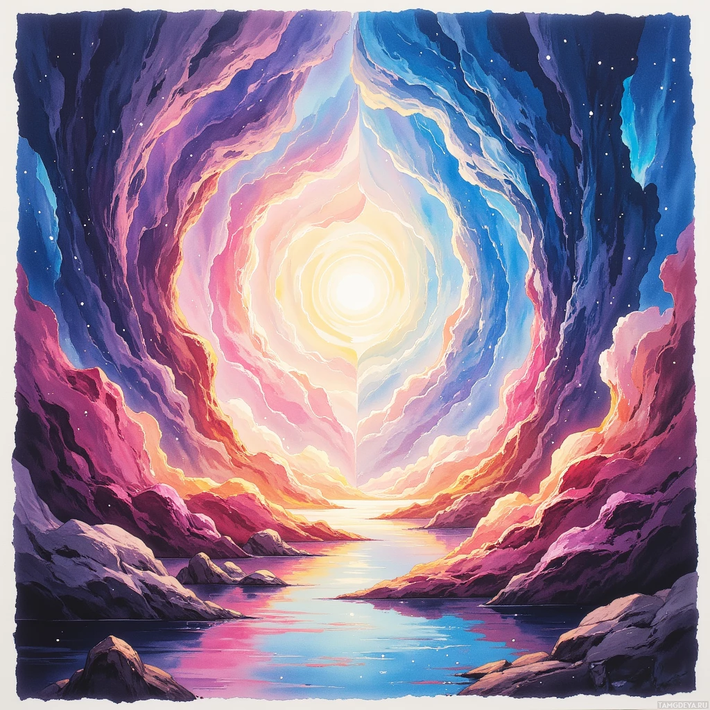 A vibrant, ethereal landscape featuring a glowing celestial portal surrounded by swirling clouds and reflected in a calm body of water.