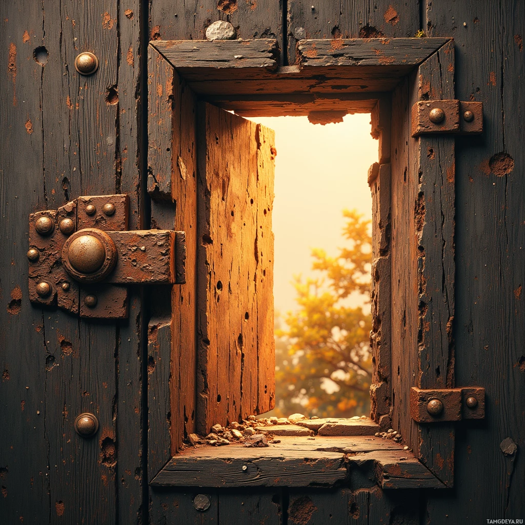 Semi-abstract image with many empty light space at center of beautiful background, that is suitable for the post:  The rusted hinge of an ancient oak frame whines like a DNA helix, showing decay’s hidden choreography.