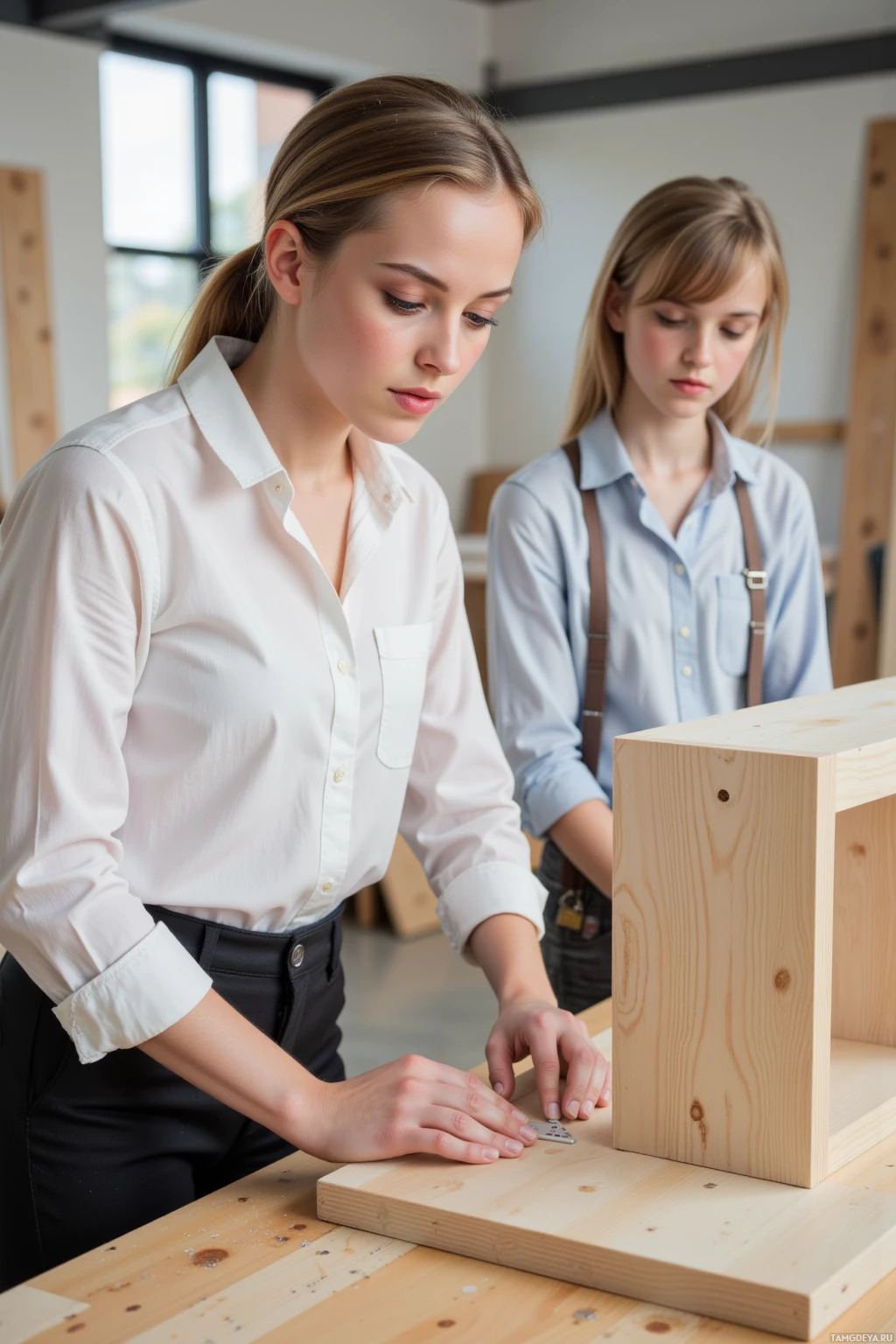 Two individuals are working on a wooden project at a workbench.