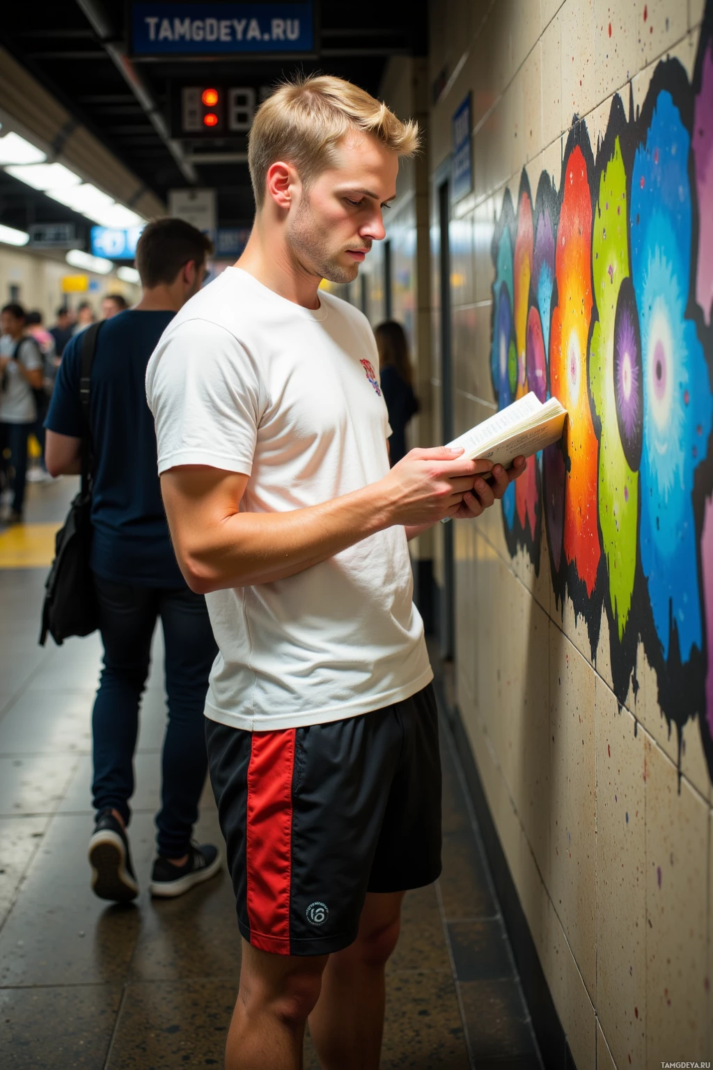 A man reads a book while standing near a colorful mural in a subway station.