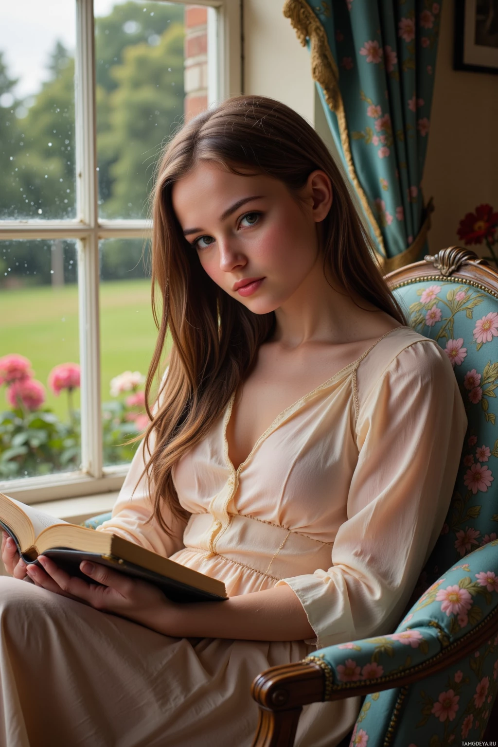 A woman in a light dress sits in a floral-patterned chair by a window, holding an open book.