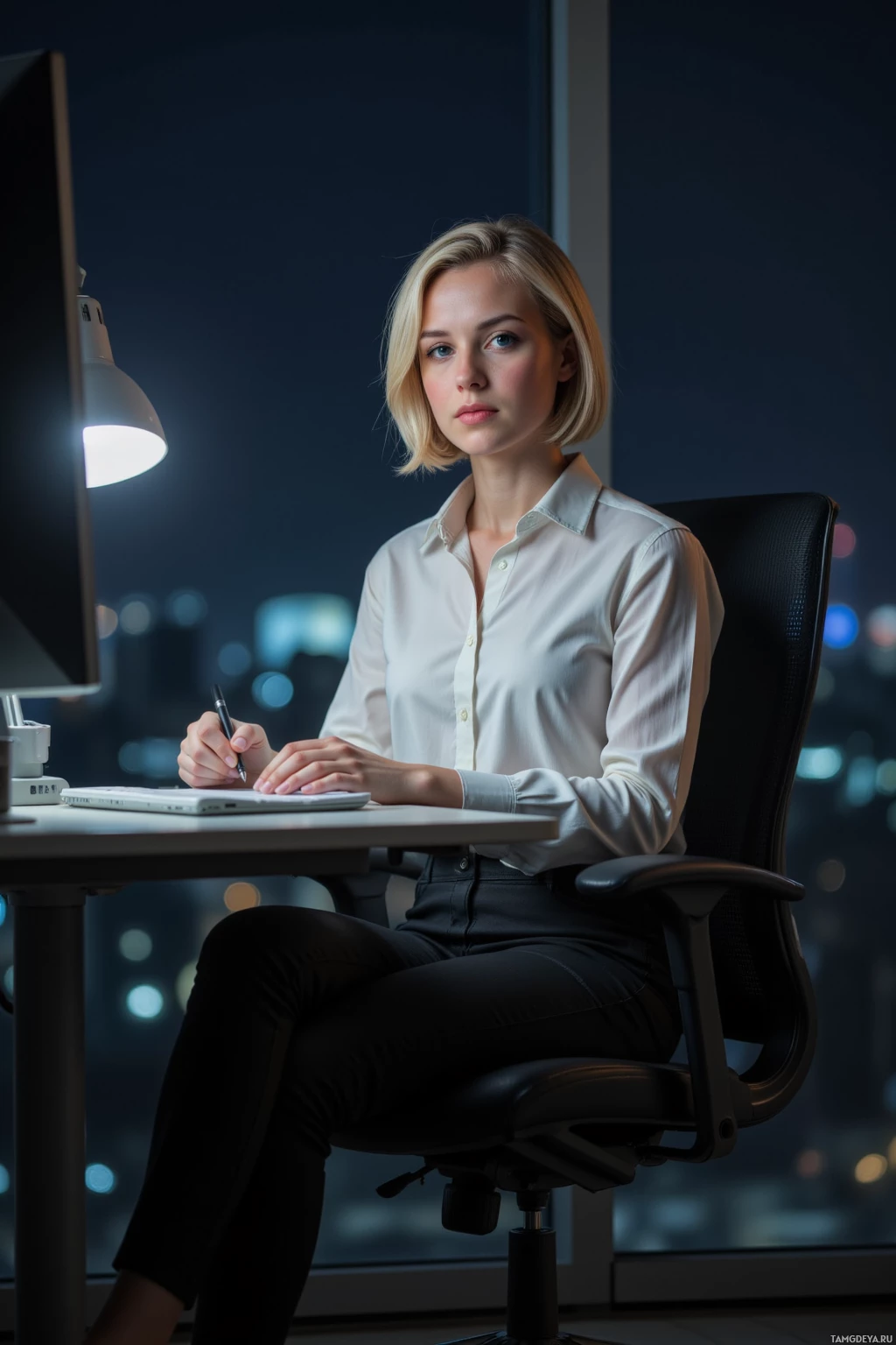 A woman sits at a desk in an office, writing in a notebook with a pen.