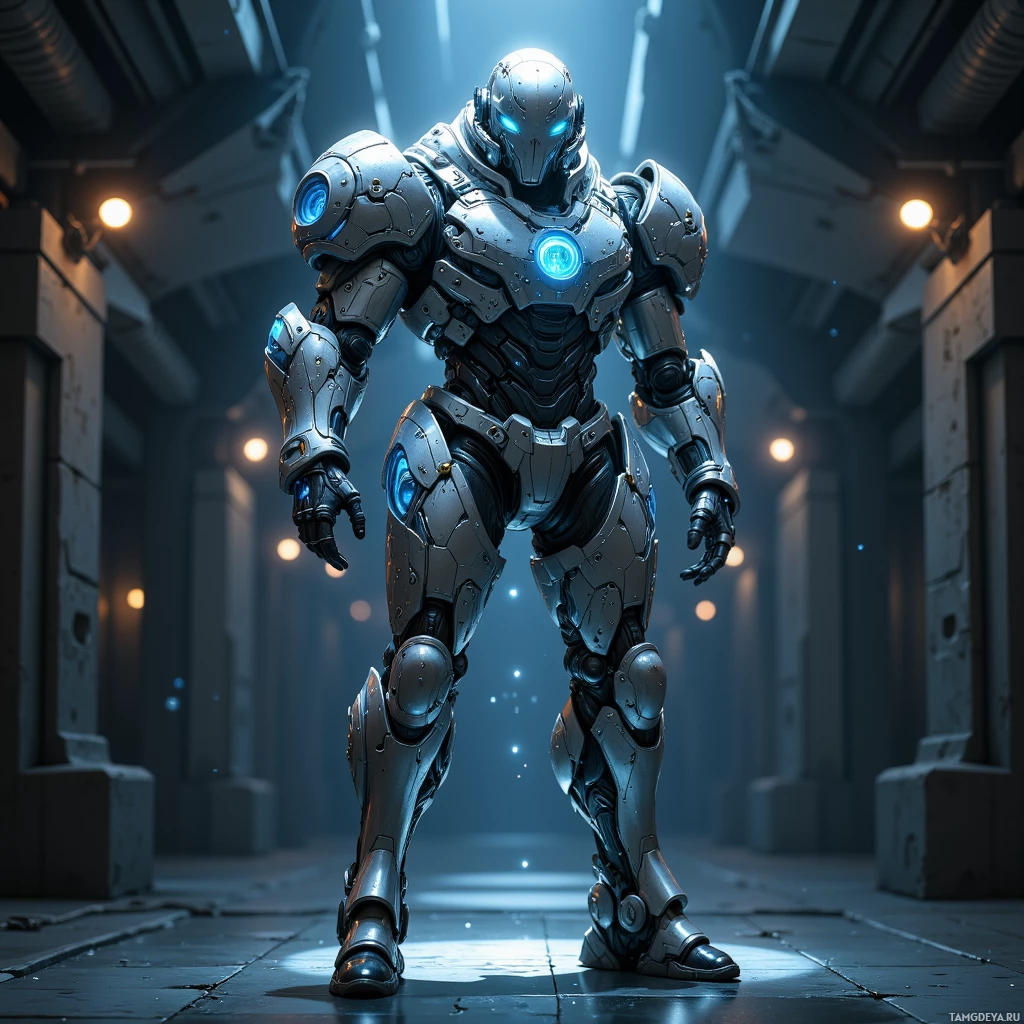 A futuristic robot stands in a dimly lit corridor with glowing blue eyes and intricate metallic armor.