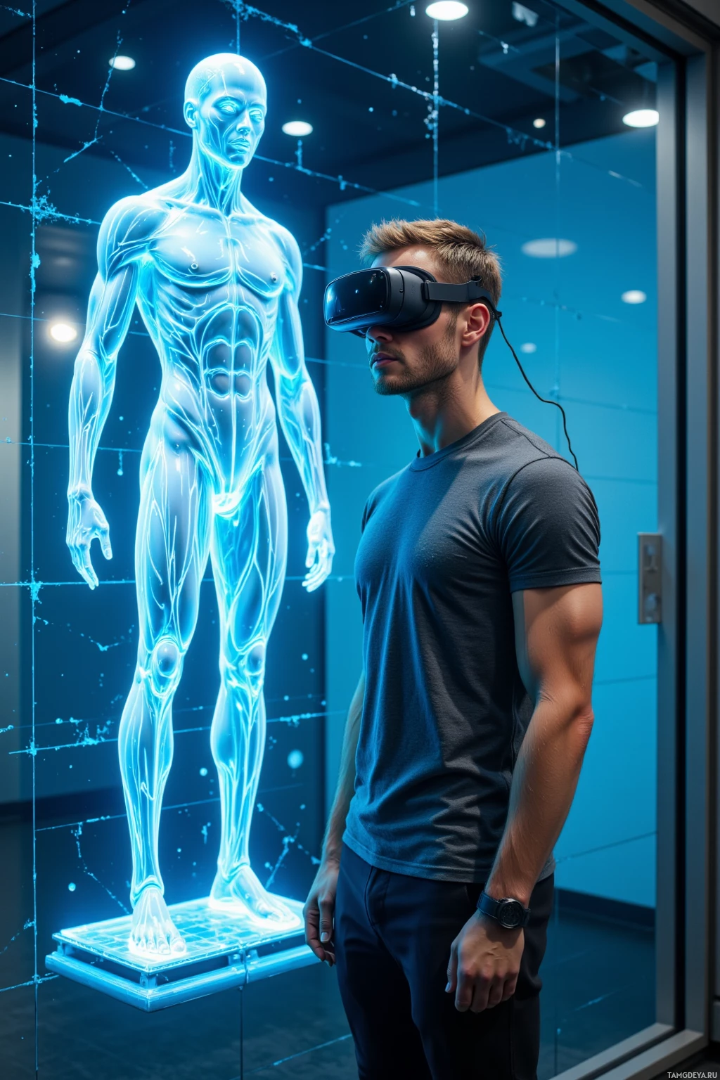 A person wearing a VR headset stands in front of a glowing, anatomical model of a human body.