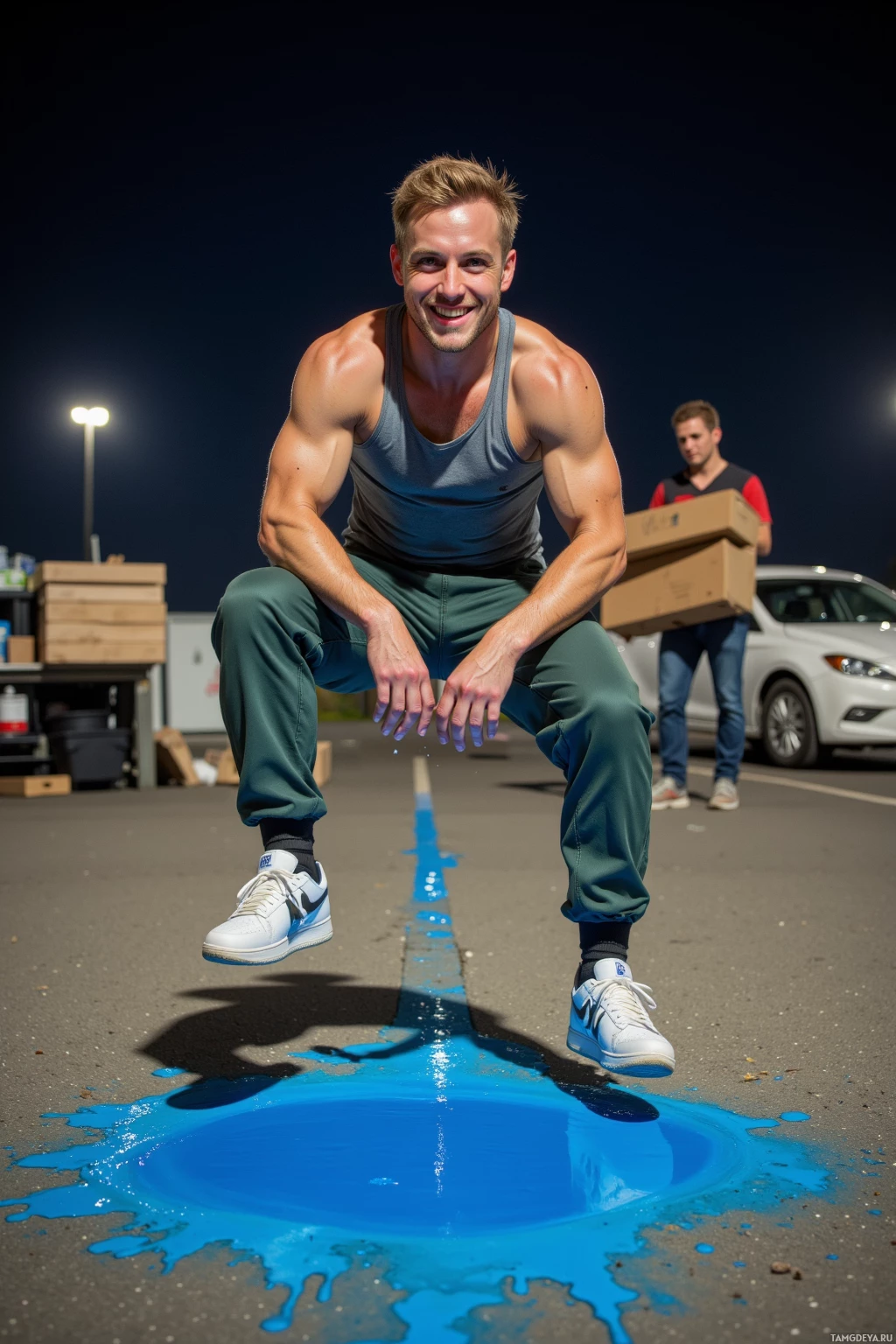 A man in athletic attire is mid-jump over a puddle of blue liquid in a parking lot at night.