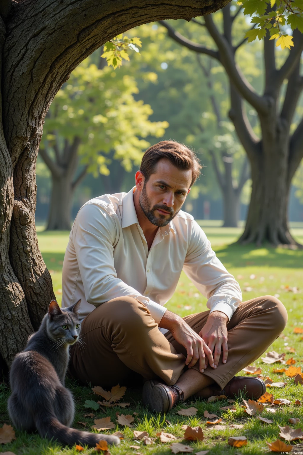 A man sits on the grass in a park with a cat beside him.