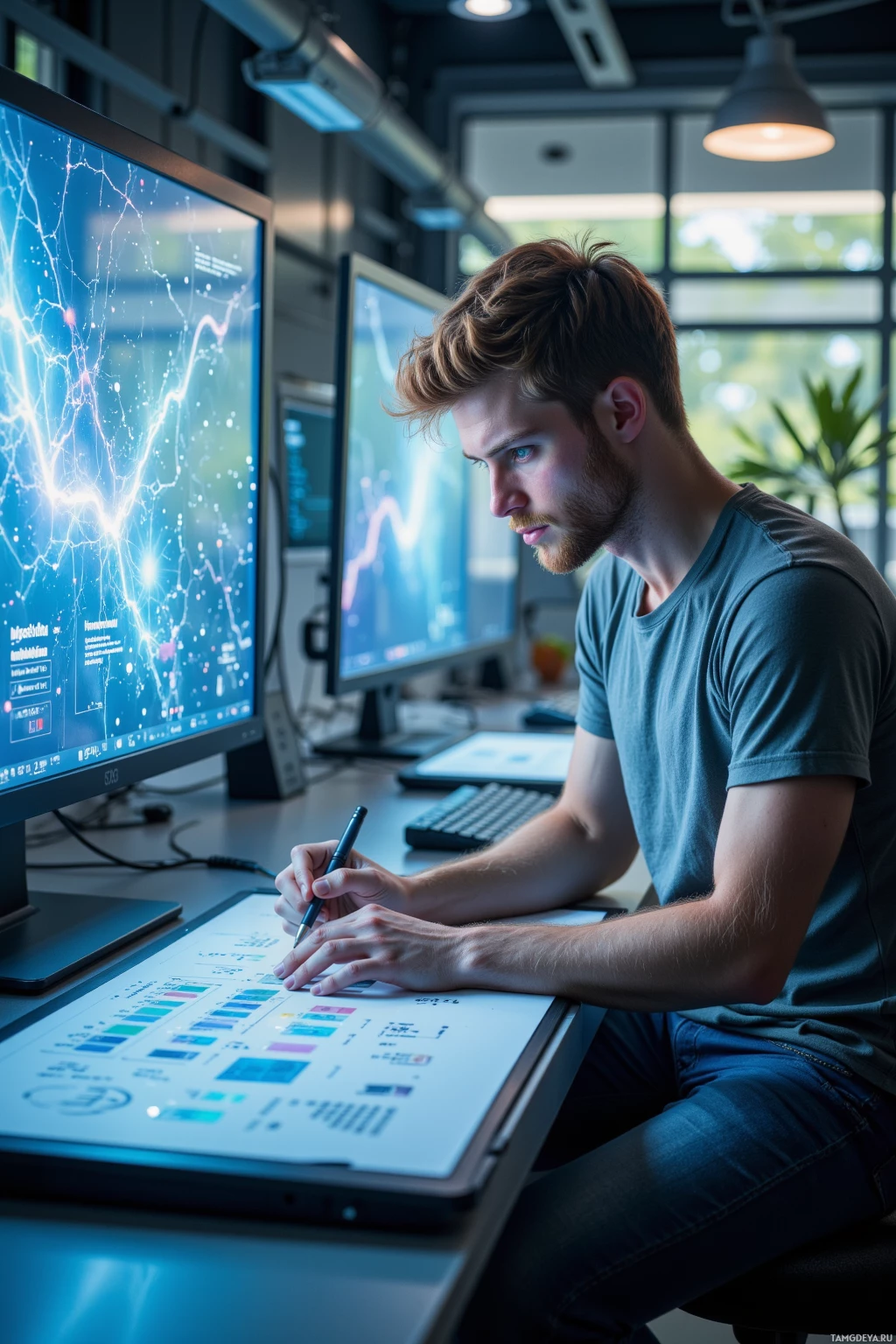 A person is working at a desk with multiple monitors displaying data and graphs.