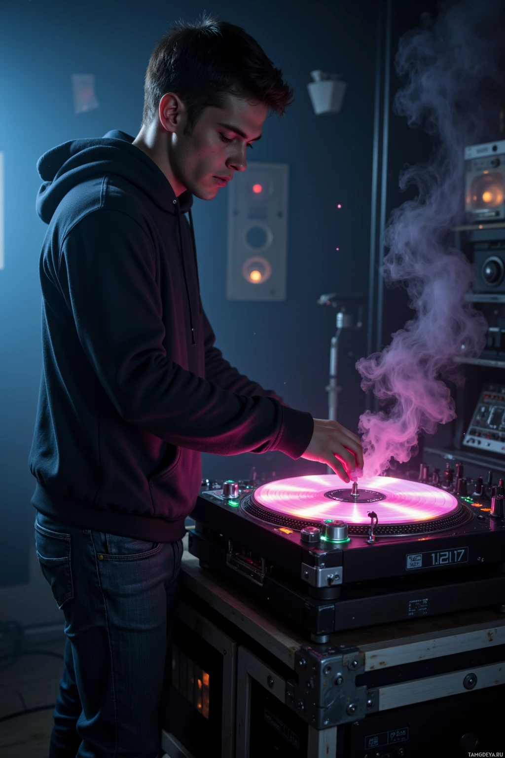 A young man in a hoodie stands at a DJ turntable, illuminated by vibrant pink and blue lighting.