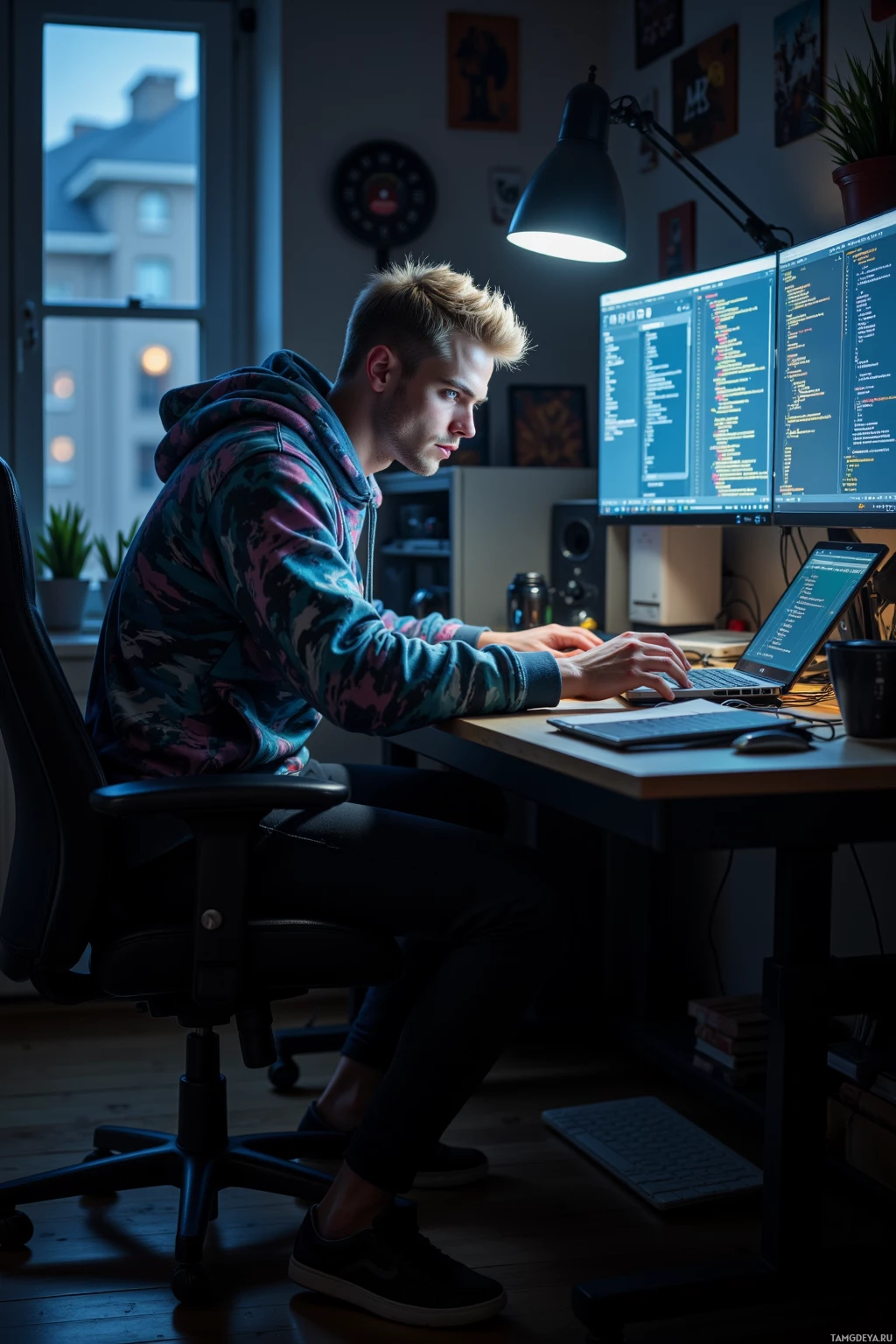 A person is working at a desk with multiple screens displaying code, illuminated by a desk lamp.