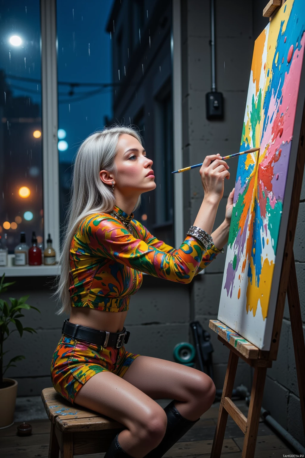 A person is painting on a canvas in a studio with a window showing a rainy night outside.