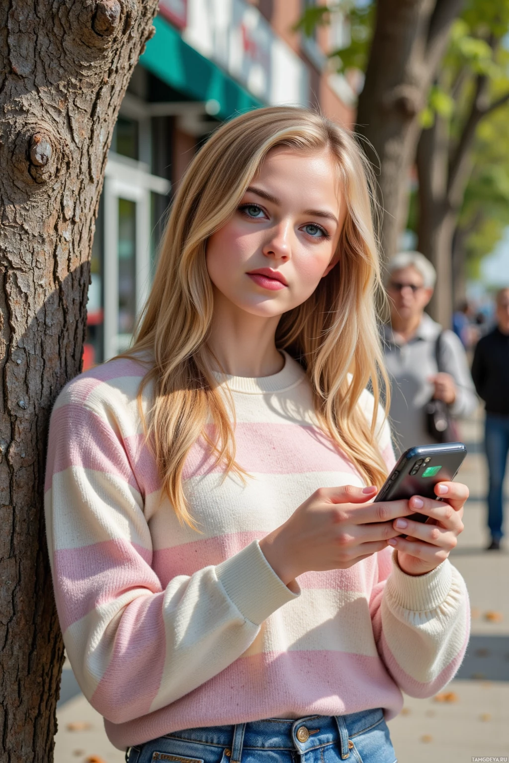 A young woman in a striped sweater leans against a tree while looking at her phone.