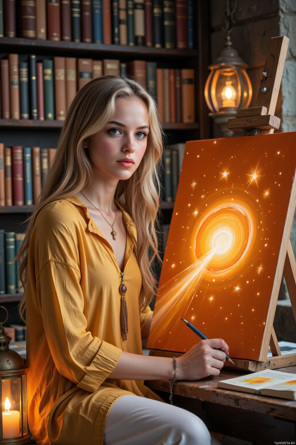 A woman in a yellow shirt is painting a glowing, starry artwork on an easel in a library setting.