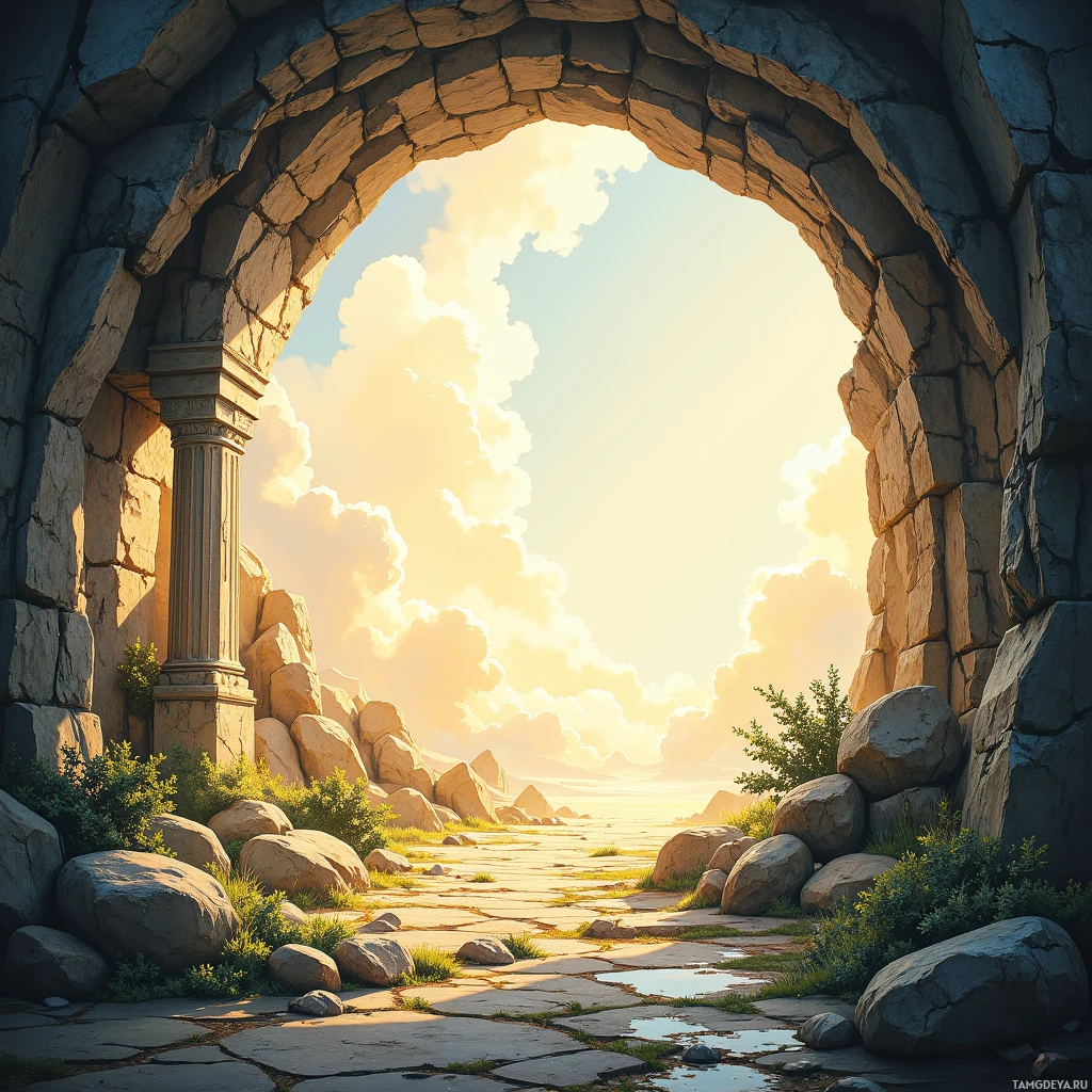 A stone archway frames a serene landscape with a bright sky and distant mountains.