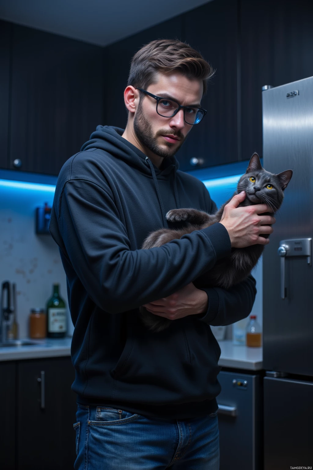 A man in a hoodie holds a cat in a modern kitchen.